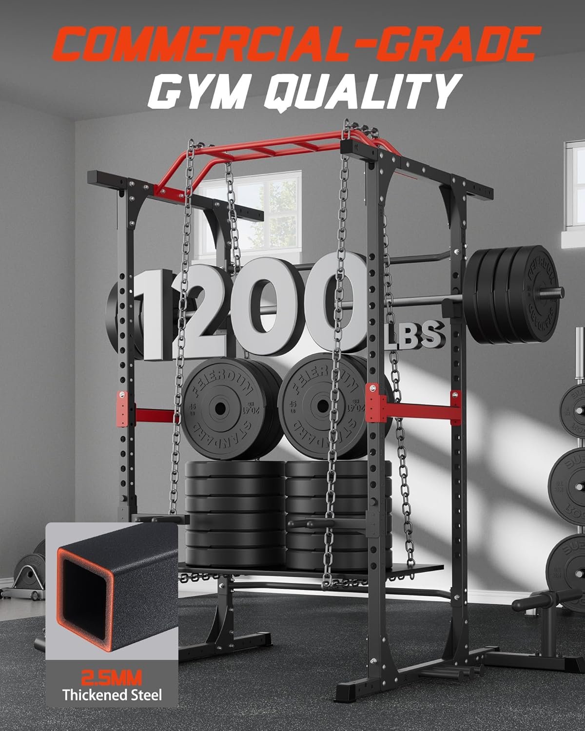 Power Cage1200lbs Capacity Commercial-grade Quality Power Rack, Multi-Functional Squat Rack Fitness Equipment with J-Hooks, Dip Handles, Landmine Attachment for Olympic Barbell Weight Plate & Bar Storage Rack for Home Gym, Garden, Garage, Low Ceiling Basement - Image 3