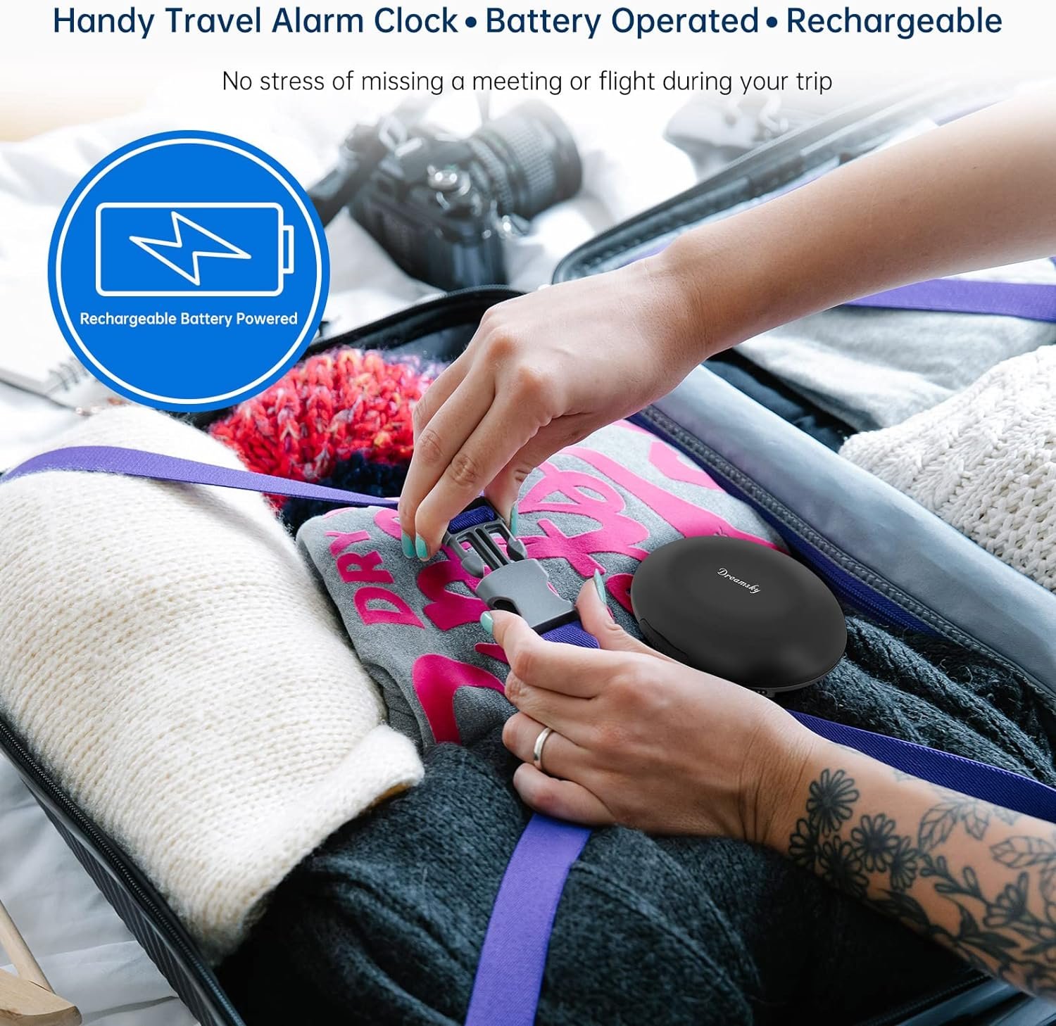 DreamSky Vibrating Alarm Clock for Heavy Sleepers - Auto Set Bed Shaker Alarm Clock Under Pillow for Hearing Impaired, Bedroom, Travel, Rechargeable Battery Operated, Cordless, Auto DST, LCD Backlight - Image 7