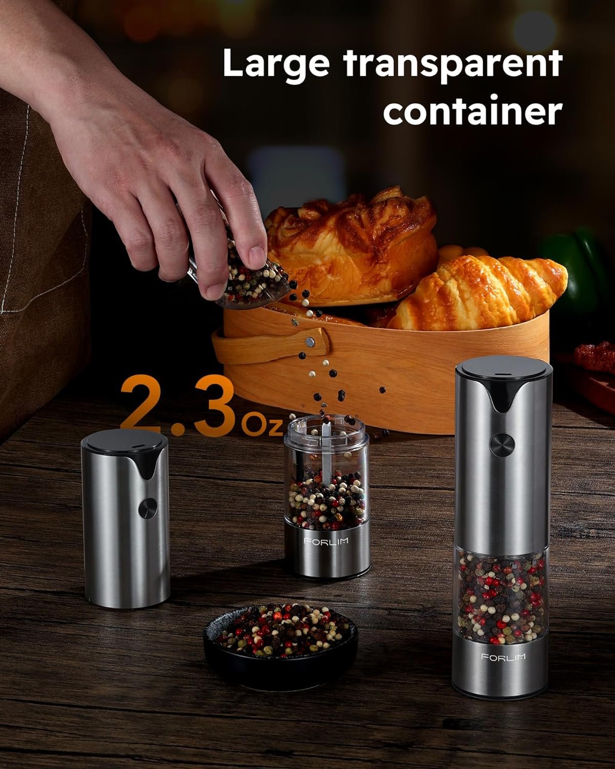 FORLIM Electric Salt and Pepper Grinder Set, USB Rechargeable, Automatic Salt Pepper Mill Grinder with Dust Cover, One-Button Control, Adjustable Coarseness, Warm LED Light (2 Packs, Stainless Steel) - Image 6