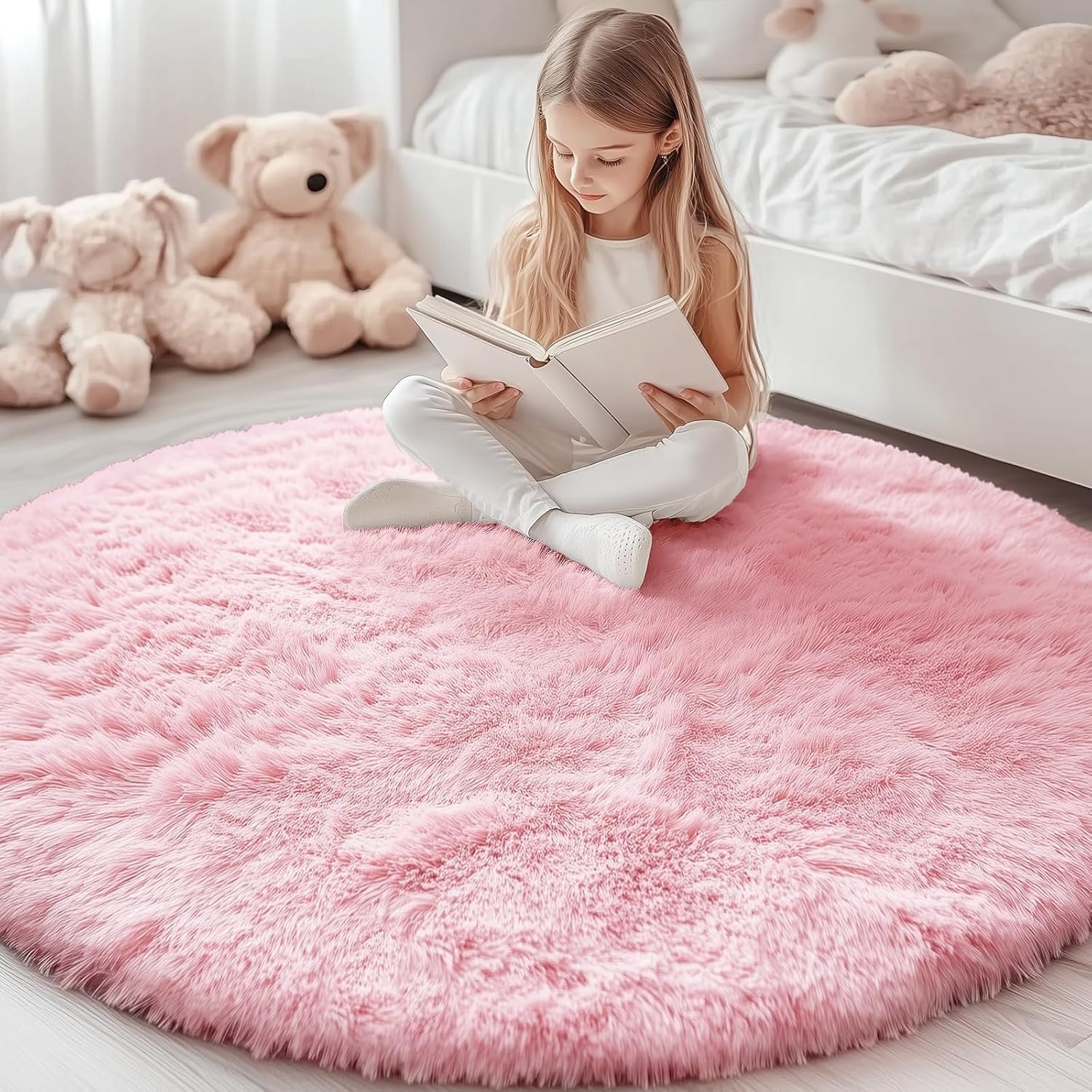 OLANLY Pink Round Rugs for Bedroom - Machine Washable, 4x4 Feet Circle Area Rugs for Living Room, Soft and Fluffy Shaggy Carpet for Teen Girls and Boys, Dorms, Nursery Rooms, Home Decor Aesthetic - Image 2