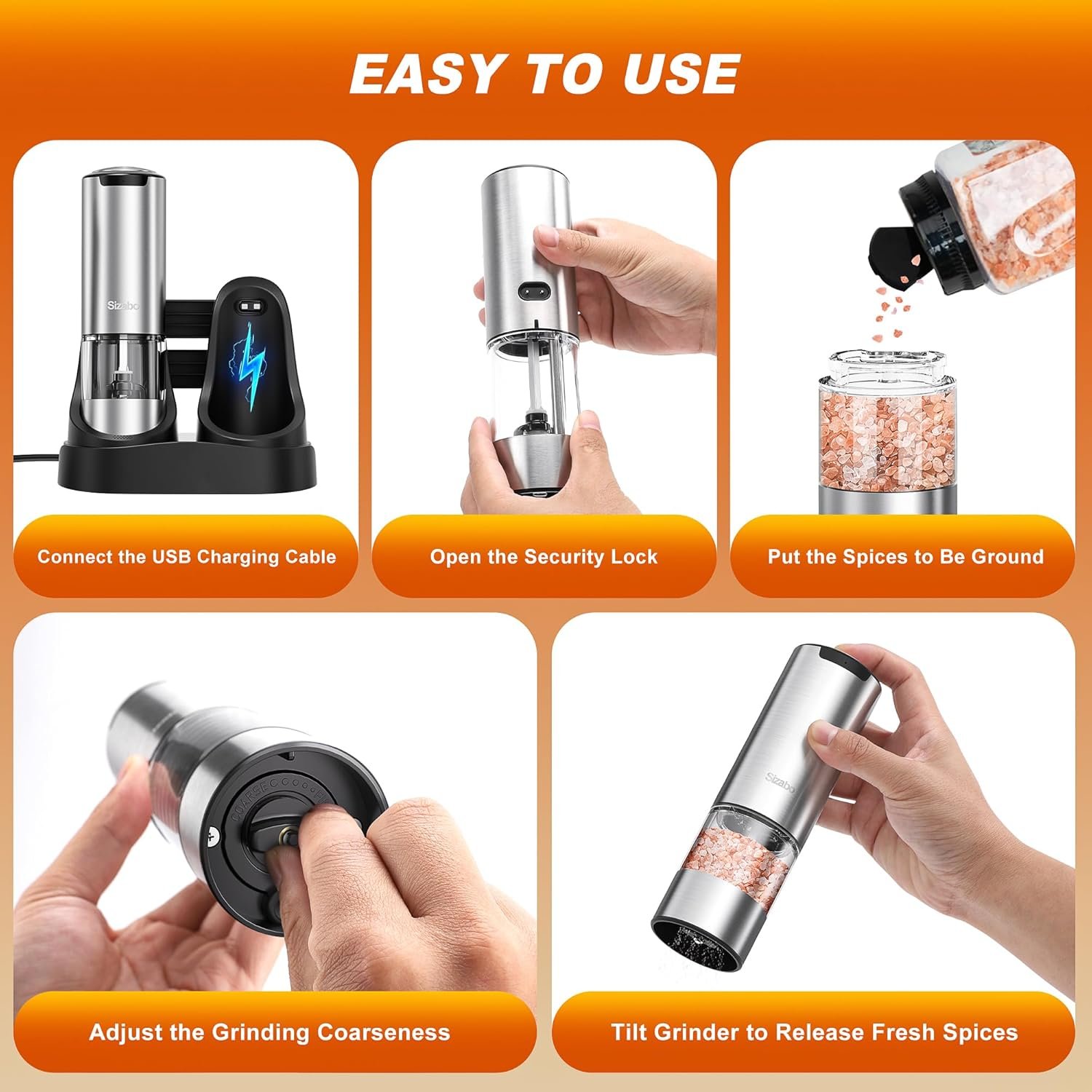 Electric Salt and Pepper Grinder Set, Type-C Rechargeable Automatic Salt Pepper Shakers Mill Grinder, One Hand Operation, Adjustable Coarseness, LED Light, Kitchen, Restaurant, Outdoor - Image 8