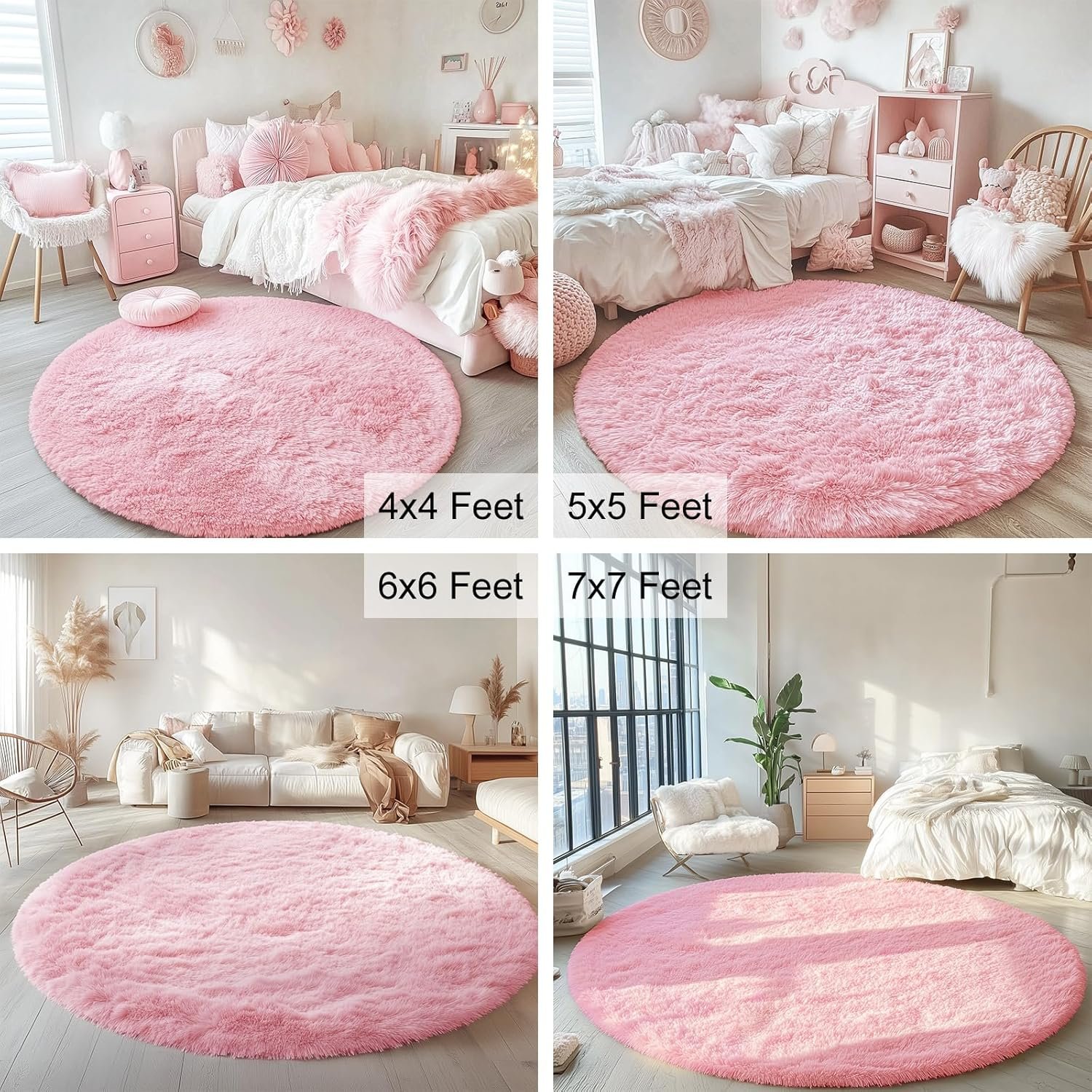 OLANLY Pink Round Rugs for Bedroom - Machine Washable, 4x4 Feet Circle Area Rugs for Living Room, Soft and Fluffy Shaggy Carpet for Teen Girls and Boys, Dorms, Nursery Rooms, Home Decor Aesthetic - Image 3