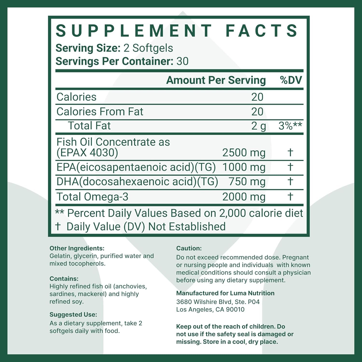 Luma Nutrition Omega 3 Fish Oil Supplement - Extra Strength 2500mg - 2000mg EPA & DHA - Brain and Heart Health - 60 Softgels - Image 8