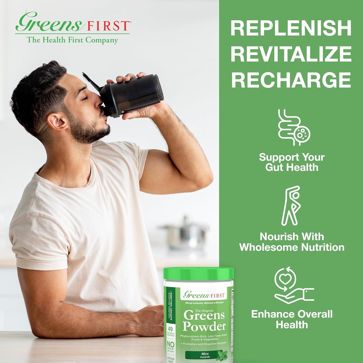 Greens First - Mint - 30 Servings - Greens Powder Superfood, 49 Superfoods, 15+ Organic Fruit & Vegetables, Antioxidant Smoothie Mix Supplement, Dairy Free, Vegan & Non-GMO - 9.86 oz - Image 5