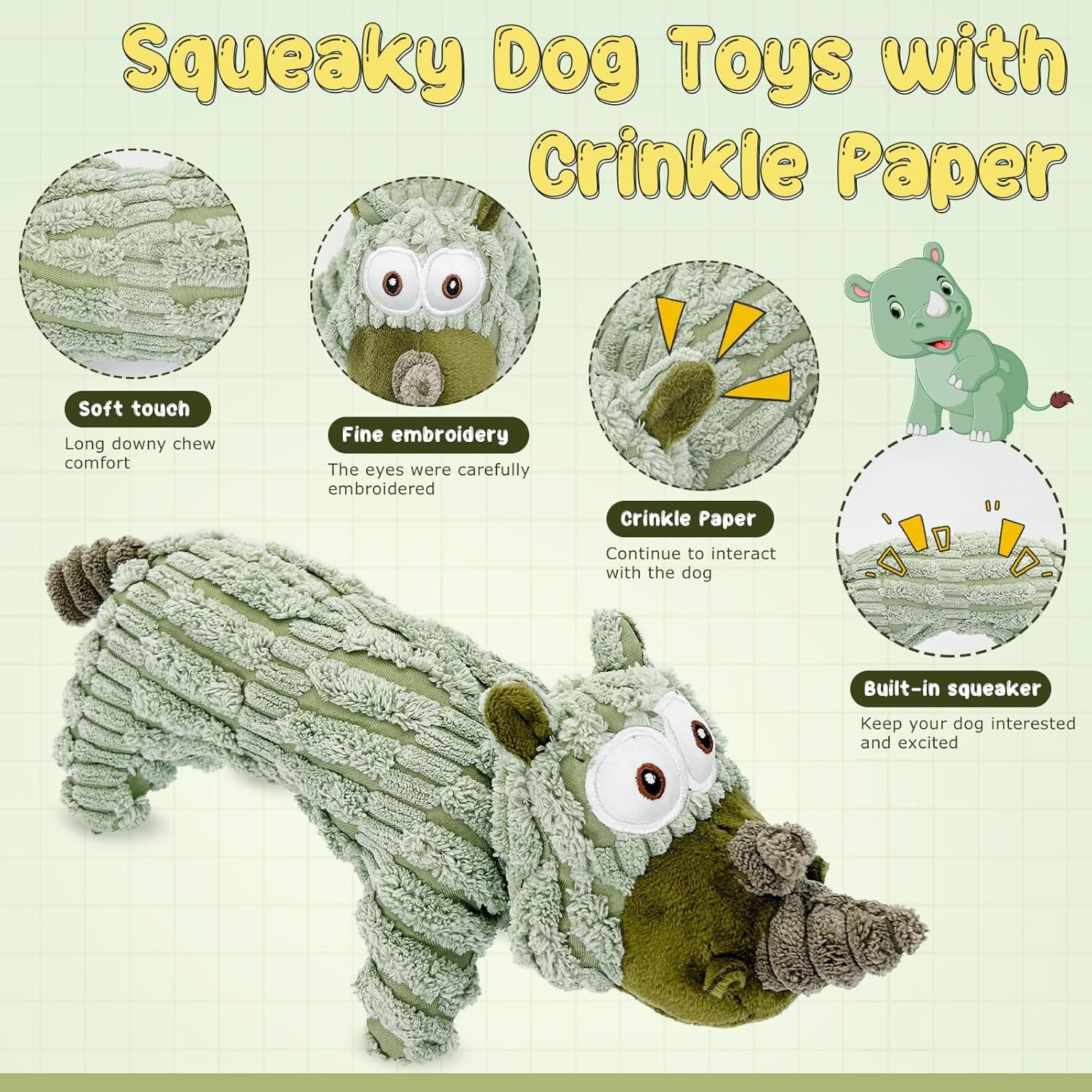Squeaky Dog Toys for Small Dogs, Cute Plush Dog Toys with Crinkle Paper, Interactive Dog Chew Toys for Puppy, Small, Middle Dogs (Rhinoceros) - Image 3