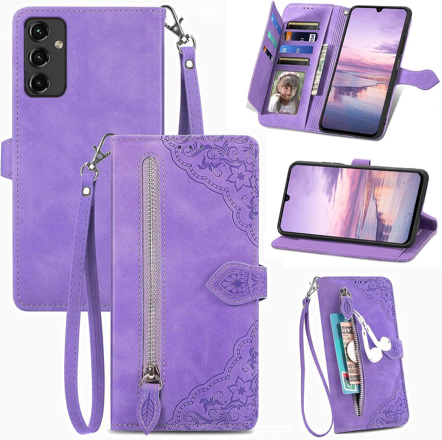 for Samsung Galaxy A14 Case Wallet,A14 Wallet Case for Women,Embossed PU Leather Protective Cover Magnetic Strap Zipper Card Holder Flip Phone Case for Samsung A14 5G(2023) (Purple) - Image 2