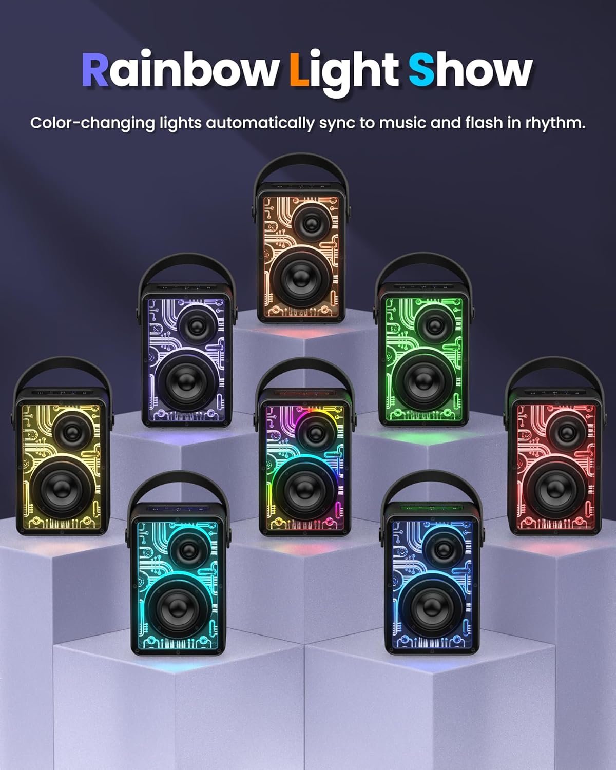 Raymate Bluetooth Speakers Wireless, 80W Bluetooth Speakers with Subwoofer Bluetooth-V5.3, HiFi Stereo Sound, Rhythmic Lighting System, 15H Playtime, 8000mAh Power Bank for Phone, Portable for Outdoor - Image 6