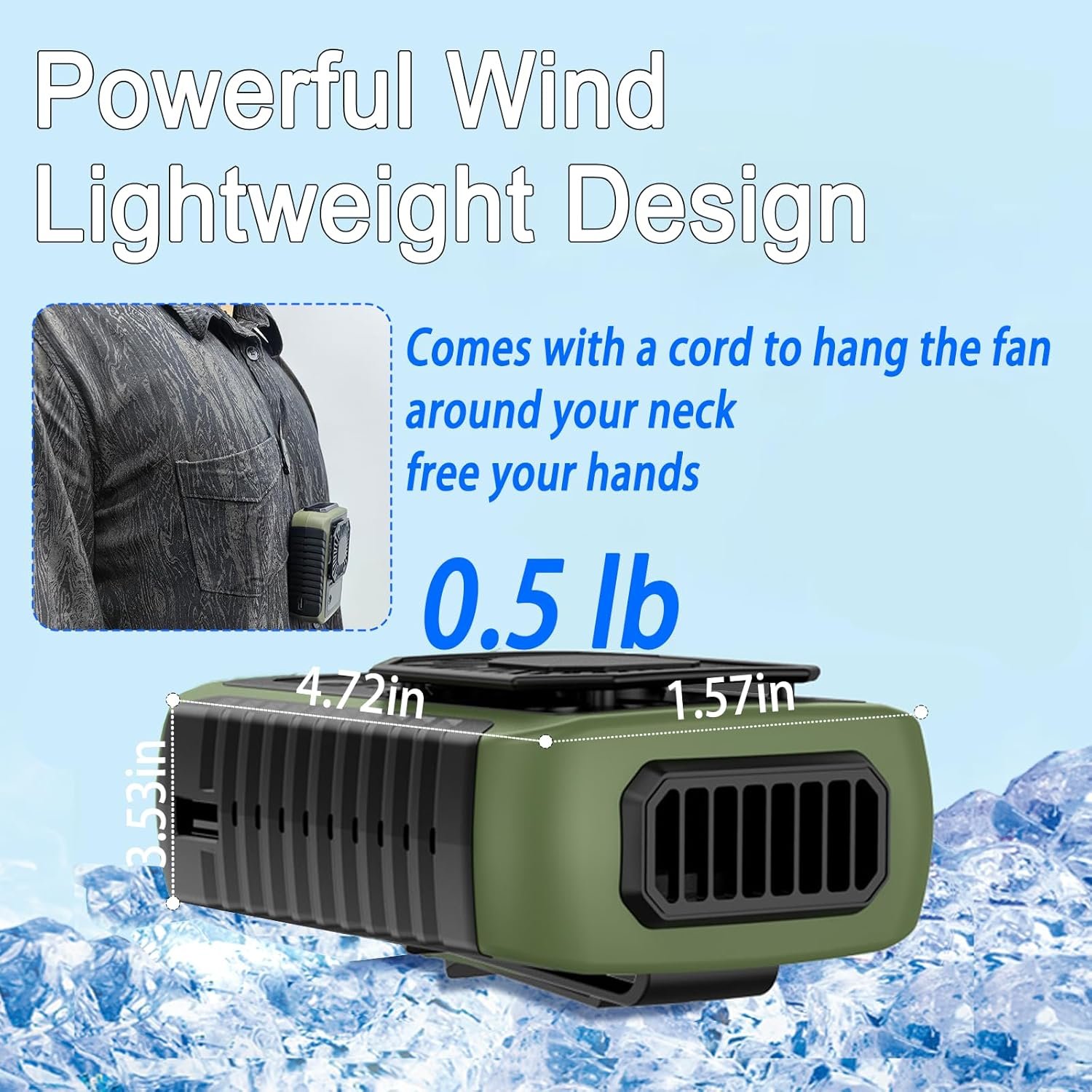 10000mAh Upgraded Waist Fan - Stepless Adjustable Speed, Rechargeable Neck Fan with over 24 hours Working time, 12000RPM Airflow, Cooling Fan with Lanyard, for Outdoor Scenario, Green - Image 5