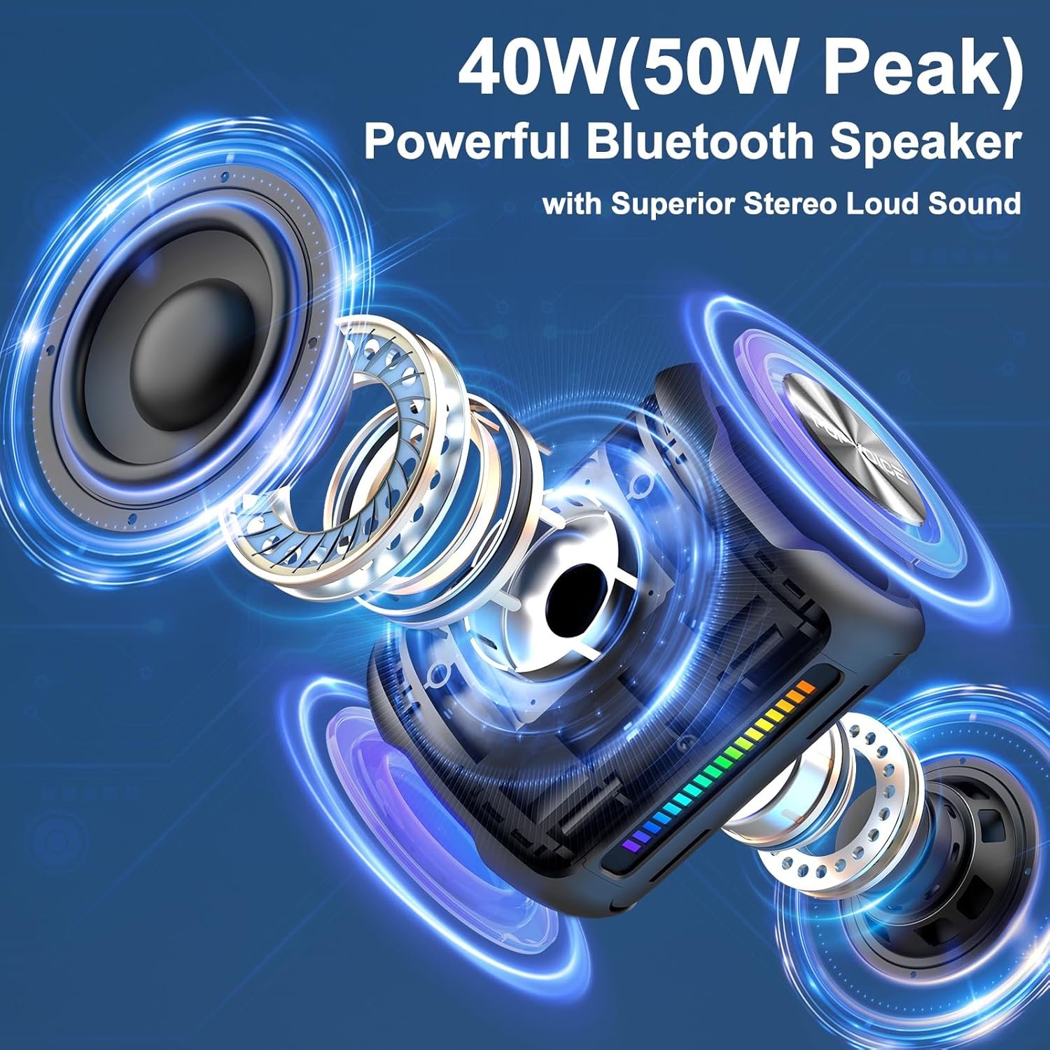 PoP voice Portable Wireless Bluetooth Speaker,50W Peak Stereo Sound Shower Speaker,IPX7 Waterproof Speaker with Deep Bass,RGB Light,Preset EQ,TWS,for Home/Camping/Gifts, BT5.3 Speaker,Up to 24H - Image 3
