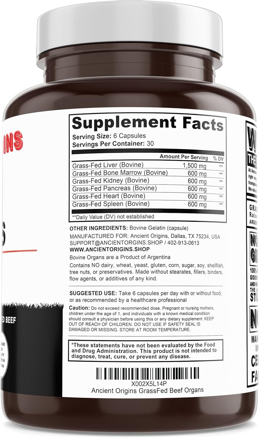 Ancient Origins Grass Fed Beef Organs Supplement 4500mg - Desiccated Liver, Bone Marrow, Heart, Spleen, Pancreas & Kidney, Non-GMO, Gluten Free, Undefatted (180 Capsules, 750mg Each) - Image 10