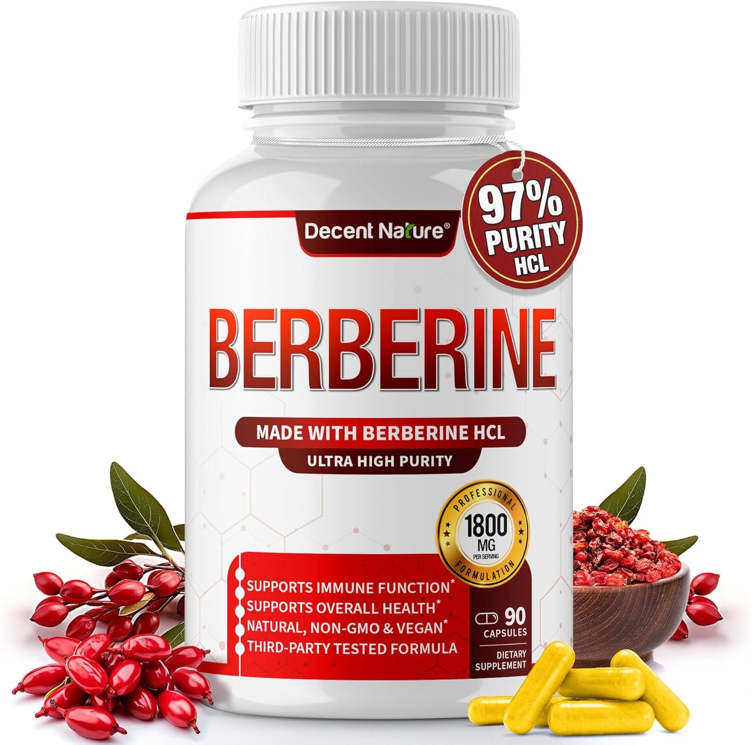 Berberine Supplement 1800mg - Premium Berberine HCl 97% High Purity Berberine Plus, Supports Immune System, High Potency Berberine Hydrochloride, Non-GMO Vegan, for Men Woman 90 Capsules - Image 2