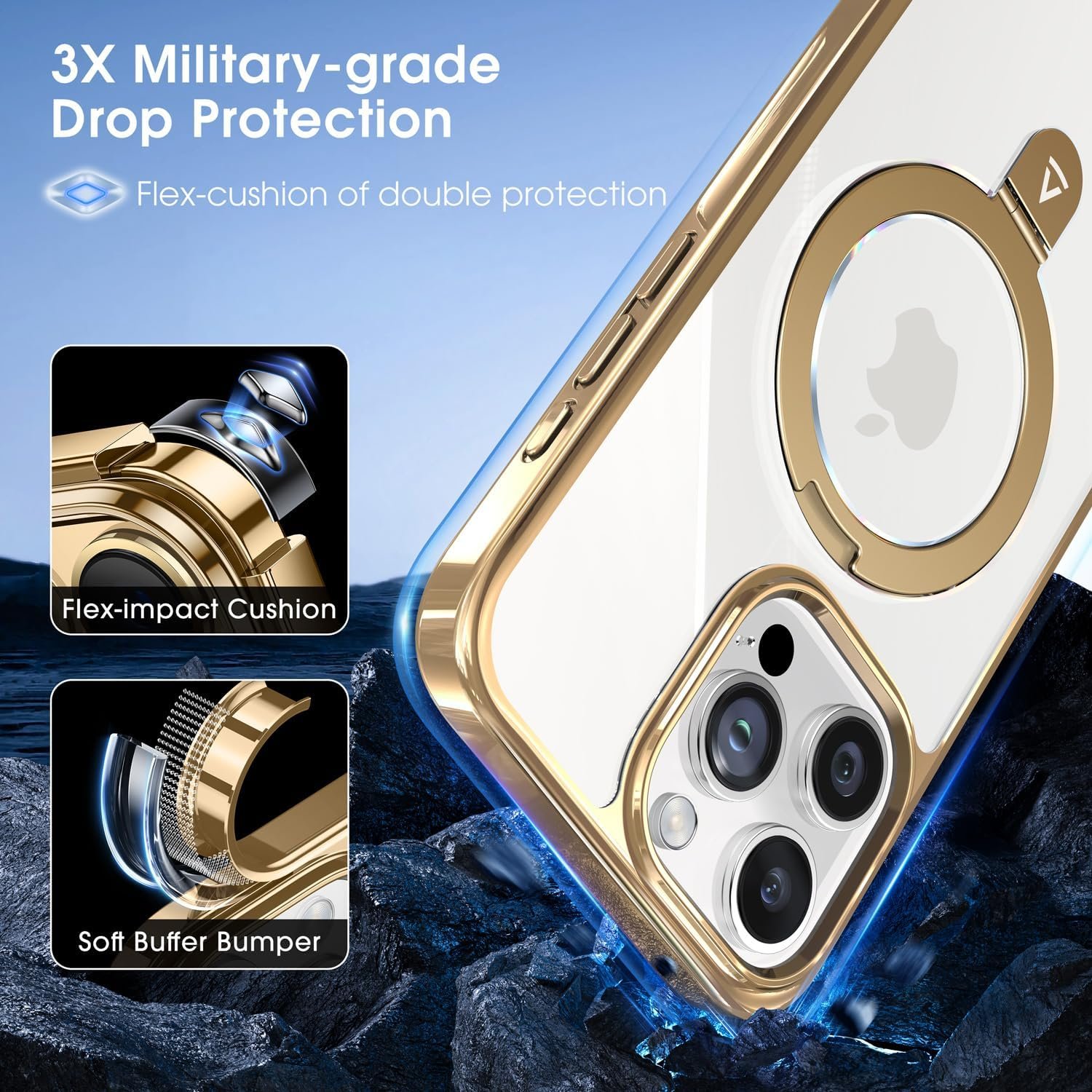 Alphex Titanium Stand for MagSafe iPhone 15 Pro Max Case, Polished Titanium Match for iPhone, 12FT Military Drop Protection, Shockproof Phone Ring Slim Cover 6.7 inch, Gold Titanium - Image 6