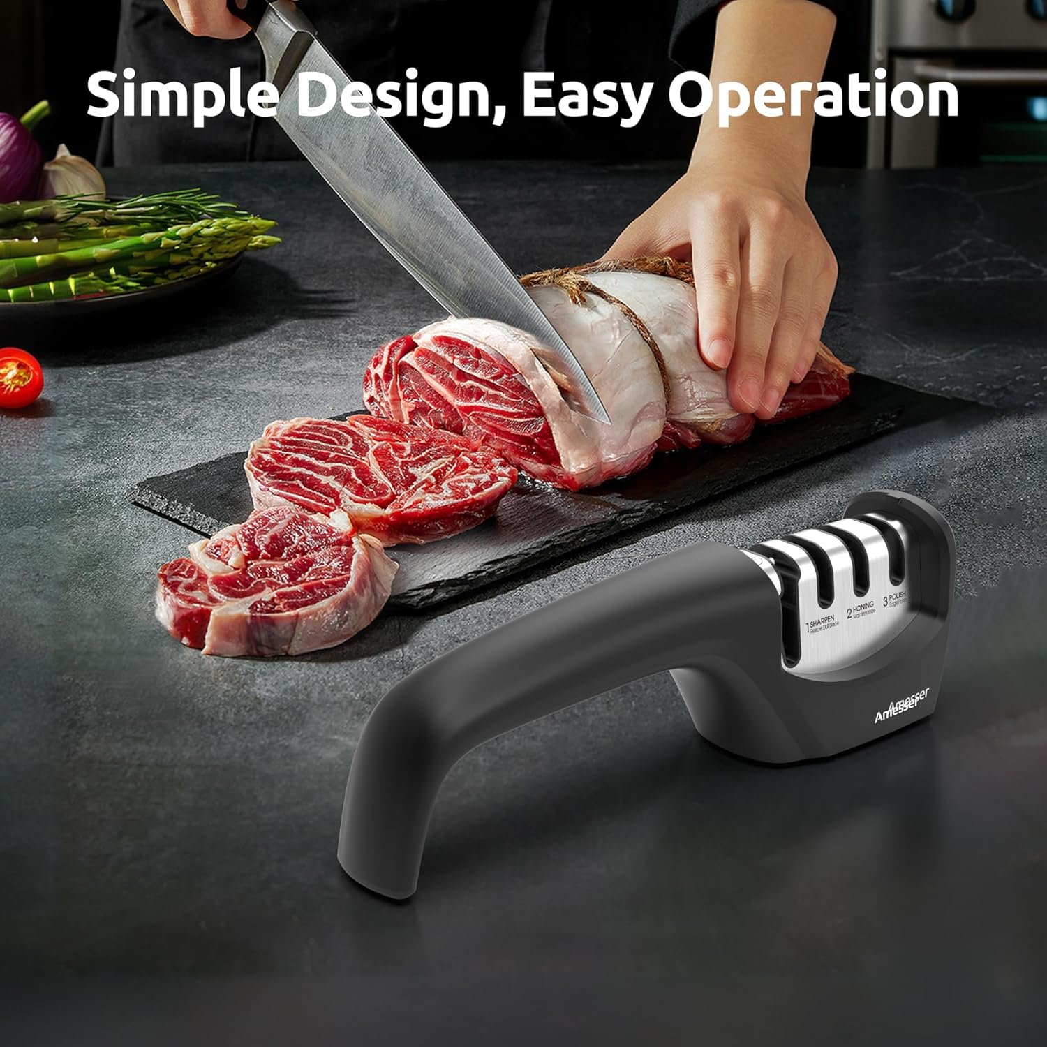 Knife Sharpener, Amesser 4-in-1 Kitchen Knife Sharpener Effortlessly Sharpen Restore, Hone, and Polish Blades Quickly for Kitchen Knives, Pocket Knives, Chef's & Serrated Knives, Scissors - Image 4