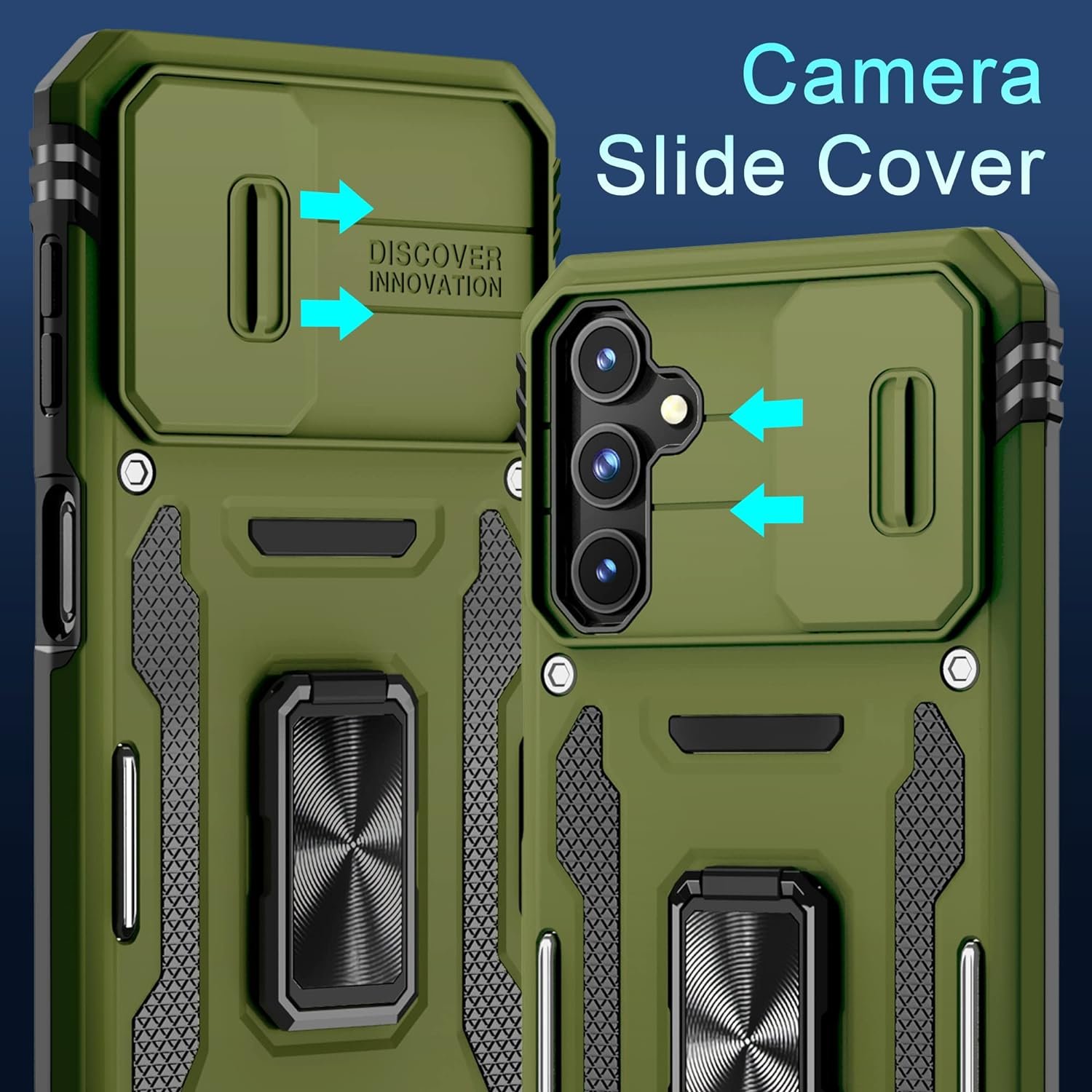 DEERLAMN Case for Samsung Galaxy A14 5G with Slide Camera Cover+Screen Protector(2 Packs),Rotated Ring Kickstand Military Grade Shockproof Protective Cover-Olive Green - Image 4