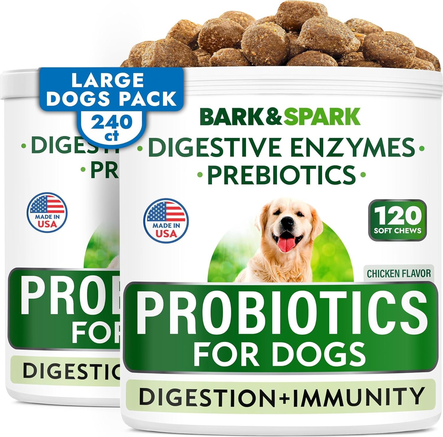 Bark&Spark Dog Probiotics & Digestive Enzymes (Gut Health) Allergy & Itchy Skin - Pet Diarrhea Gas Treatment Upset Stomach Relief, Digestion Health Prebiotic Supplement Large Dog Treats (240Ct Bacon) - Image 2