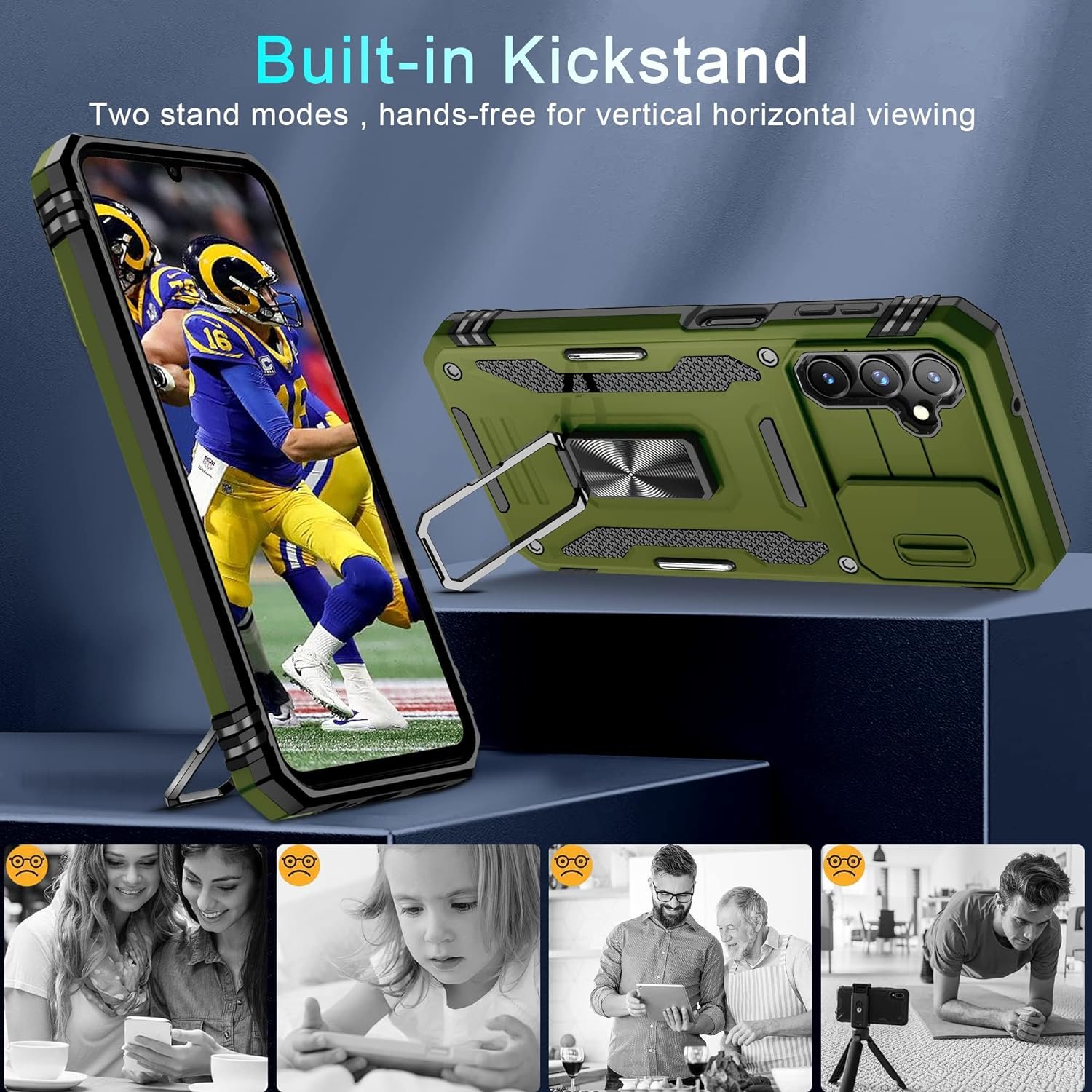 DEERLAMN Case for Samsung Galaxy A14 5G with Slide Camera Cover+Screen Protector(2 Packs),Rotated Ring Kickstand Military Grade Shockproof Protective Cover-Olive Green - Image 5