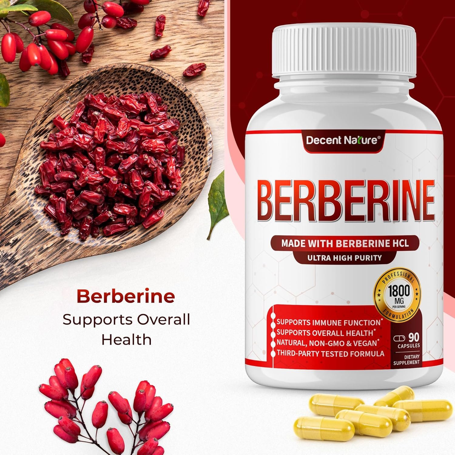 Berberine Supplement 1800mg - Premium Berberine HCl 97% High Purity Berberine Plus, Supports Immune System, High Potency Berberine Hydrochloride, Non-GMO Vegan, for Men Woman 90 Capsules - Image 9