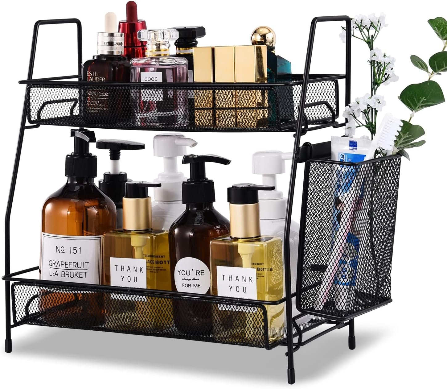 LEMIKKLE Countertop Organizer for Bathroom Counter, The Organizer for Bedroom, Spice Rack Organizer for Kitchen Counter Shelf with Small Basket(Black) - Image 2