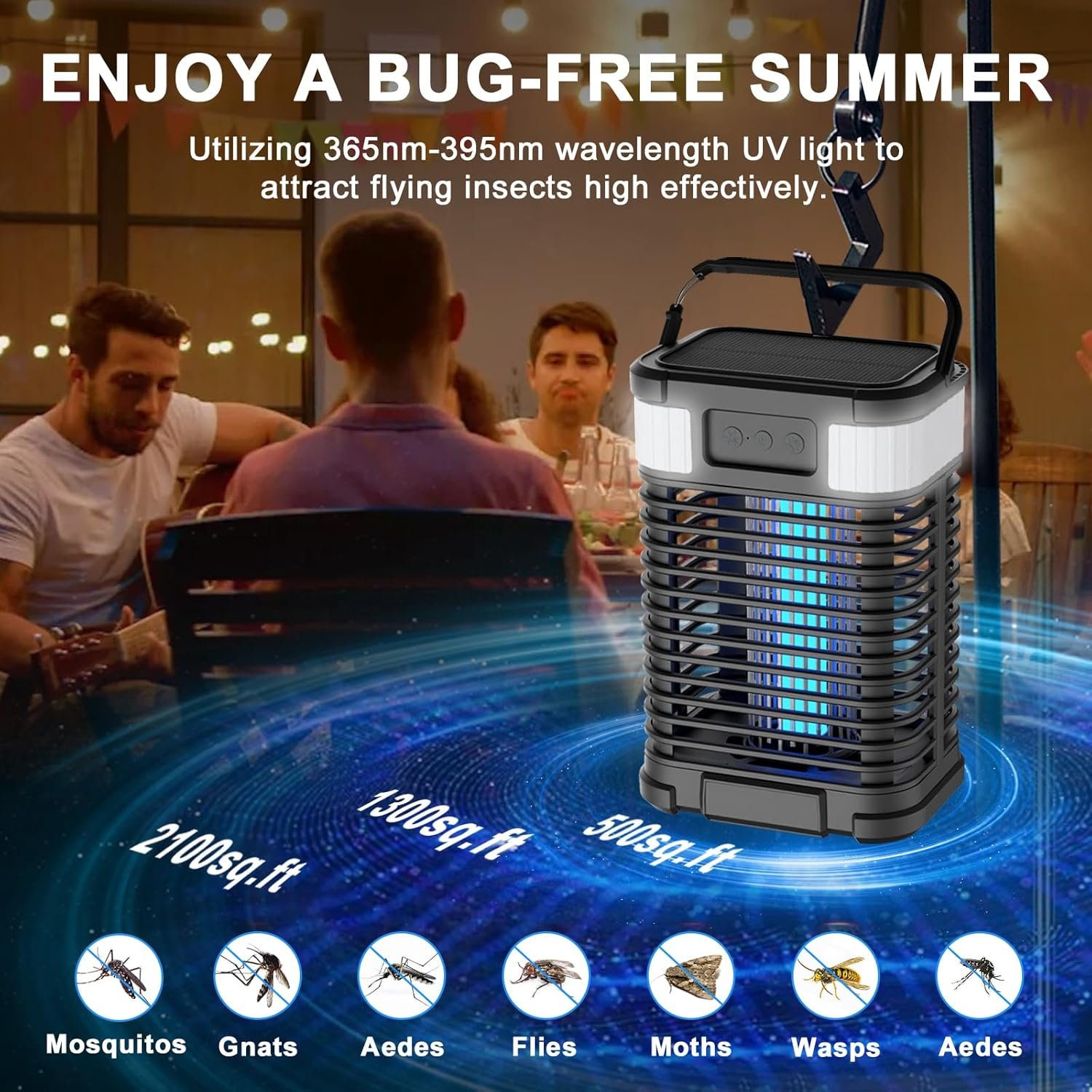 Solar Bug Zapper Outdoor Waterproof, Mosquito Zapper 2 in 1 Portable & Rechargeable Pest Control with 4000mAh Battery & LED Night Light, 4200V Electric Fly Zapper for Home, Patio, Backyard (Black) - Image 3
