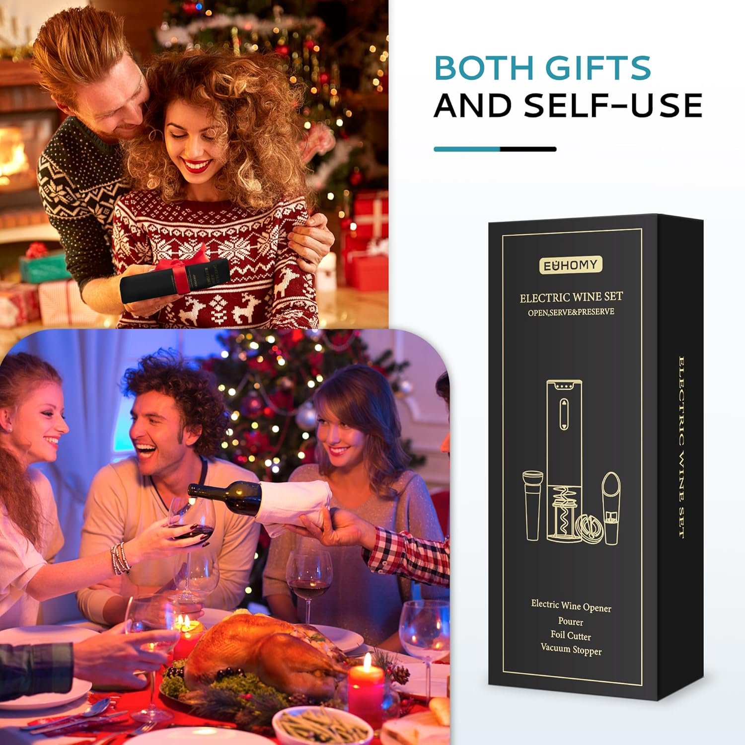 EUHOMY Electric Wine Opener Set, Wine Bottle Opener with Wine Aerator Pourer and Foil Cutter, Stainless Steel Automatic Corkscrew Opener with Wine Vacuum Stopper,Fine Set for Wine Lovers - Image 7