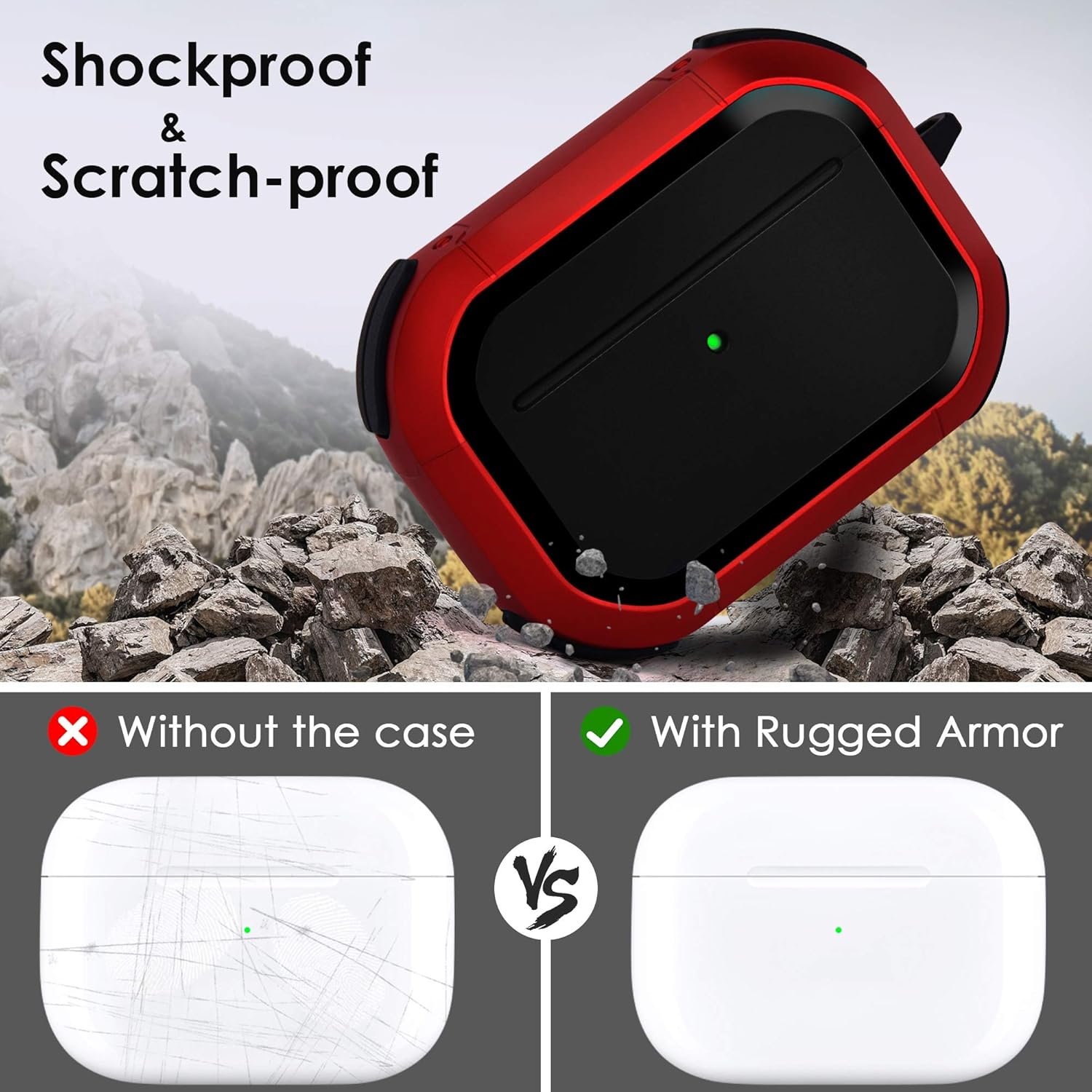 CAGOS for Airpods Pro Case, Cool Shock-Absorbing iPod Pro Hard Cover with Metal Keychain Accessories Compatible with Apple Airpod Pro 1st Generation Case Women Men, Red - Image 3