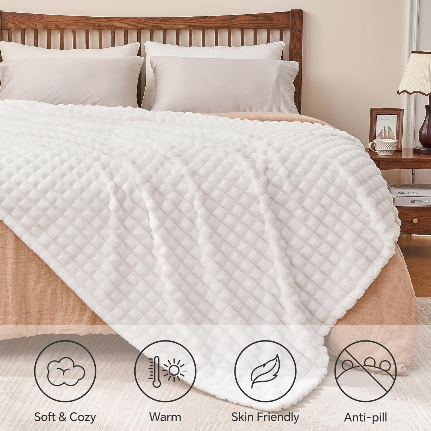 BEDELITE White Throw Blanket for Couch and Bed- Super Soft and Warm 3D Checkered Fluffy Fuzzy Fleece Blanket, Luxurious Plush Cozy Blanket for Room Decor Fall and Winter, 50x60 inches - Image 6