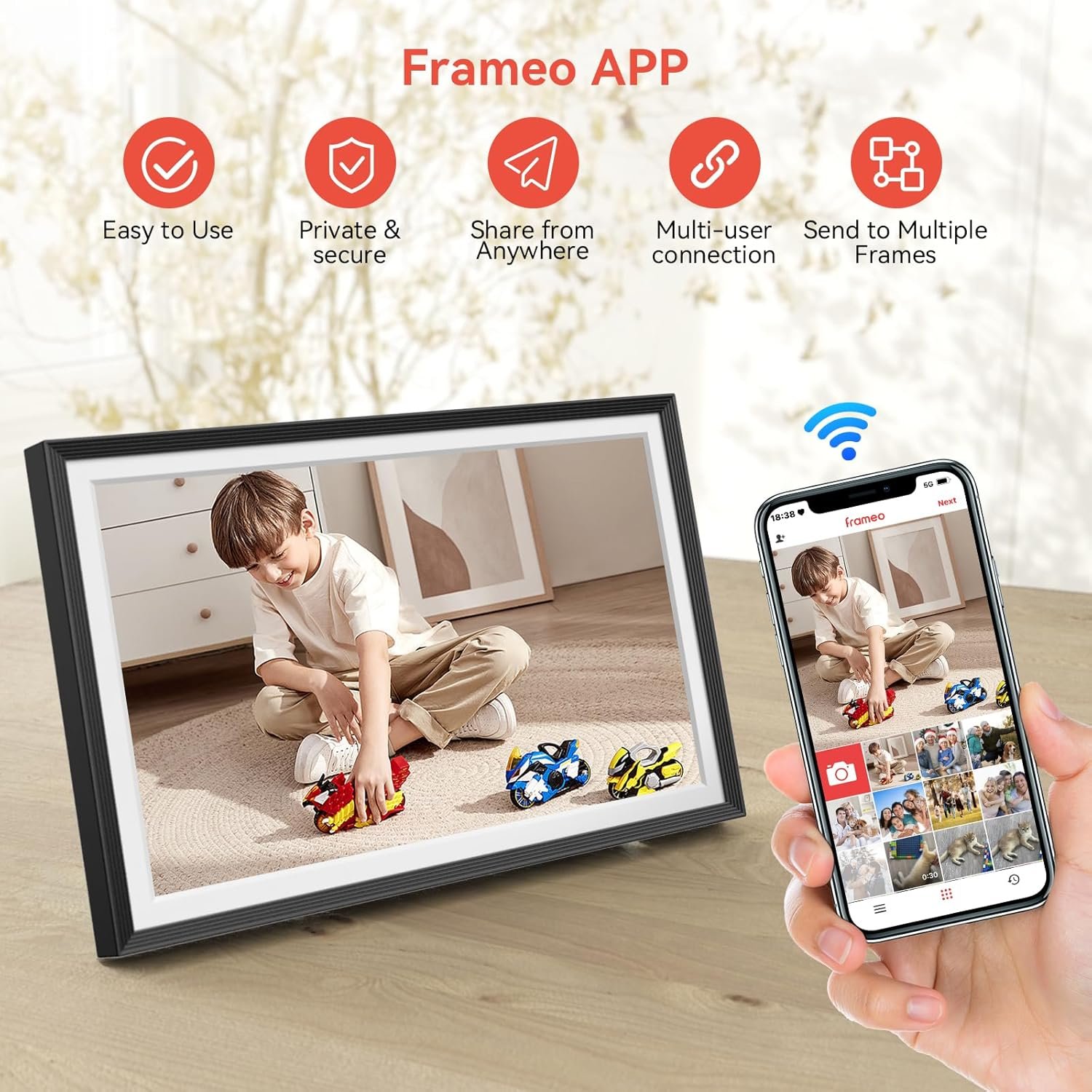 Frameo Digital Picture Frame WiFi 10.1 inch, QOCEN Smart Digital Photo Frame with 32G Memory, HD Touch Screen, Auto-Rotate, Slideshow, Easy Setup, Share Photos and Videos Anywhere - Image 5