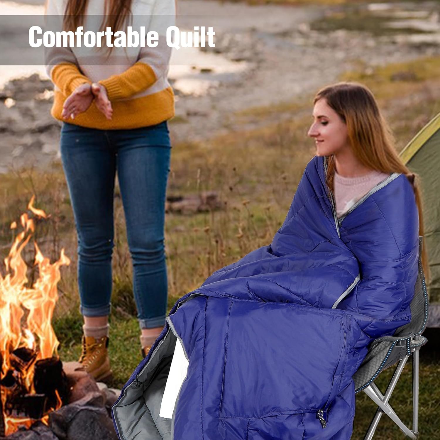 Camp Poncho Sleeping Bag, Wearable Hooded Stadium Blanket Sack Cold Weather for Adult, Blue - Image 7