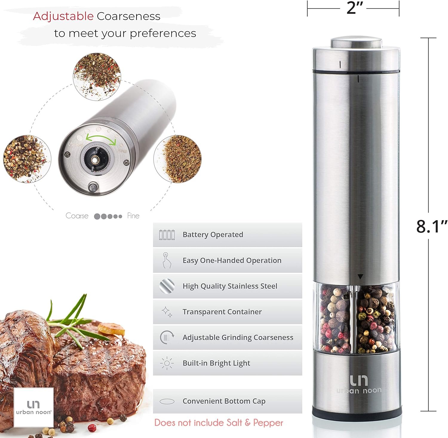 Electric Salt and Pepper Grinder Set - Battery Operated Stainless Steel Mill with Light (2 Mills) - Automatic One Handed Operation - Electronic Adjustable Shakers - Ceramic Grinders - Image 7