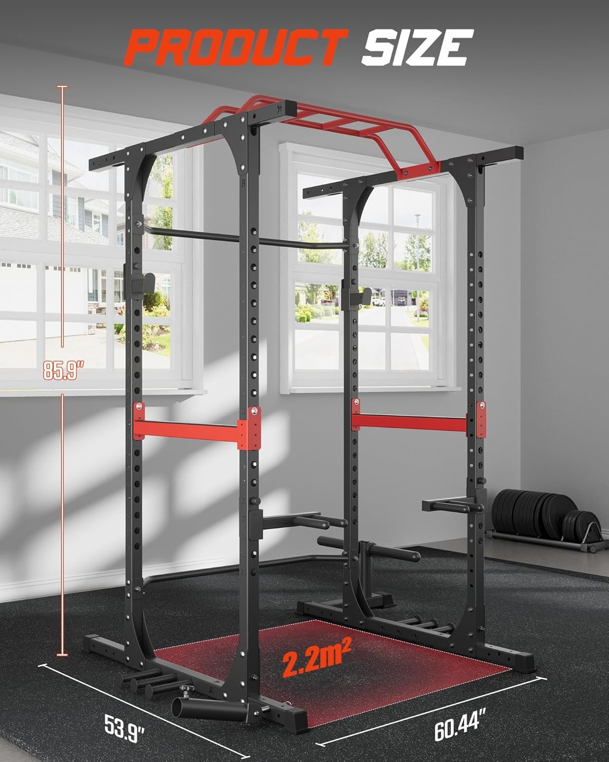 Power Cage1200lbs Capacity Commercial-grade Quality Power Rack, Multi-Functional Squat Rack Fitness Equipment with J-Hooks, Dip Handles, Landmine Attachment for Olympic Barbell Weight Plate & Bar Storage Rack for Home Gym, Garden, Garage, Low Ceiling Basement - Image 7
