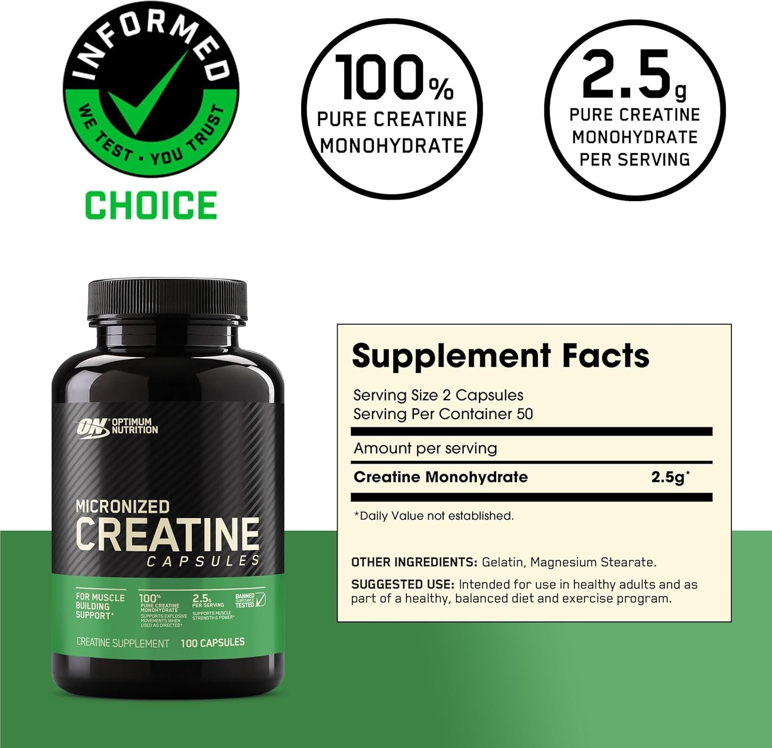 Optimum Nutrition Micronized Creatine Monohydrate Capsules, Keto Friendly, 2500mg, 100 Capsules - Image 5