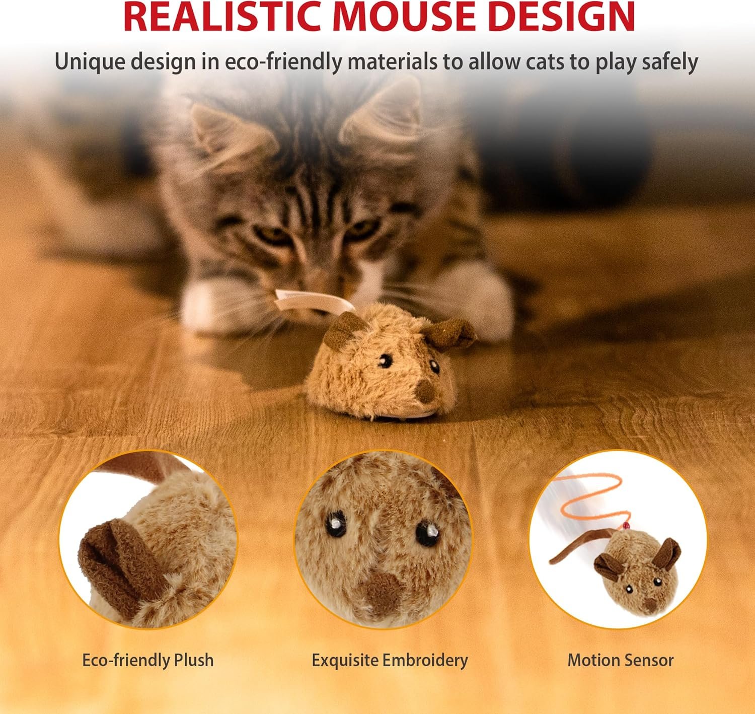 Gigwi Interactive Cat Toy Mouse, Moving Automatic Cat Toys Mice Electronic with Furry Tail, Automatic Squeaky Cat Toys for Kitten Indoor/Outdoor Exercise (Brown-Ear) - Image 7