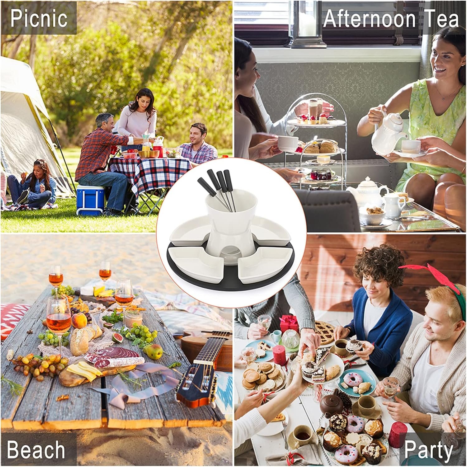 300ML Ceramic Butter Warmer Set with Wooden Pallet, Fondue Pot Melting Pot Set, Melt Hot Pot Bowl Set For Cheese Chocolate Butter Caramel, with 4 Forks and 4 Dishes - Image 7