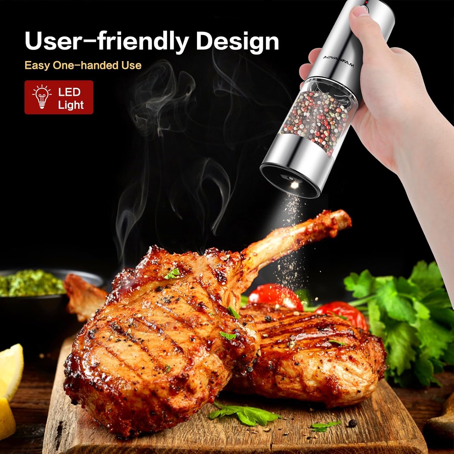 Upgraded Larger Capacity Electric Salt Pepper Grinder Stainless Steel Pepper Grinder with LED Light, Rechargeable Automatic Salt or Pepper Mill Features Adjustable Coarseness - Image 5