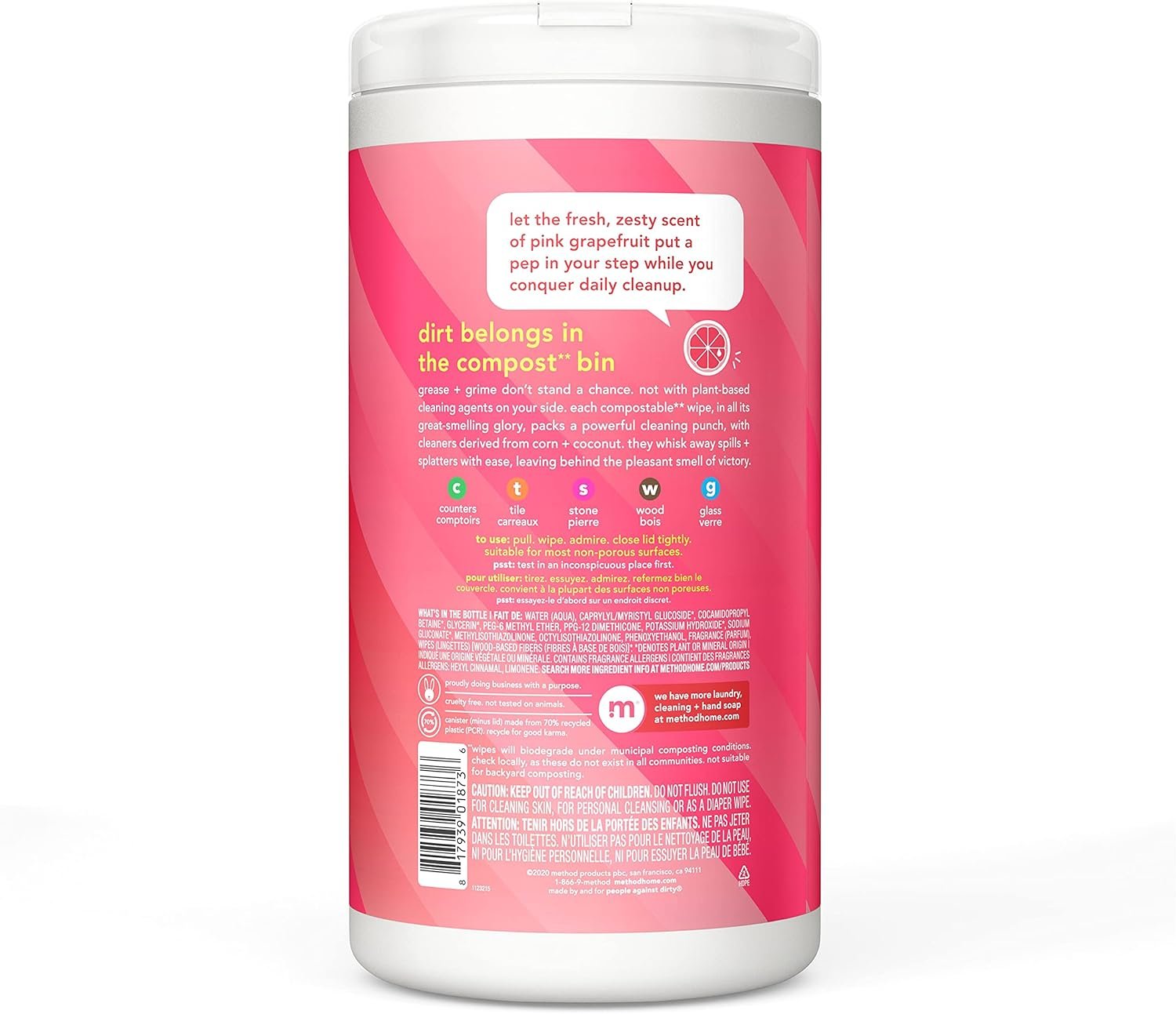 Method All-Purpose Cleaning Wipes, Pink Grapefruit, Multi-Surface, Compostable, 70 Count (Pack of 3) - Image 3
