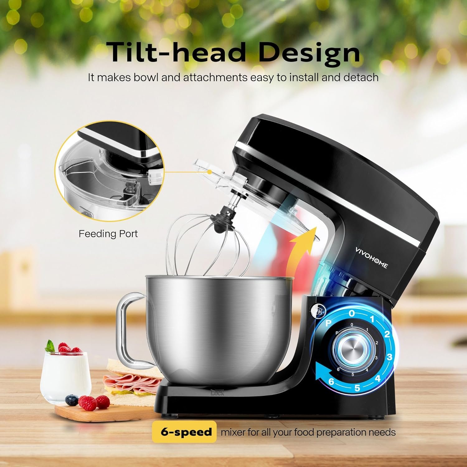 VIVOHOME 7.5 Quart Stand Mixer, 660W 6-Speed Tilt-Head Kitchen Electric Food Mixer with Beater, Dough Hook, Wire Whip, and Egg Separator, Black - Image 6