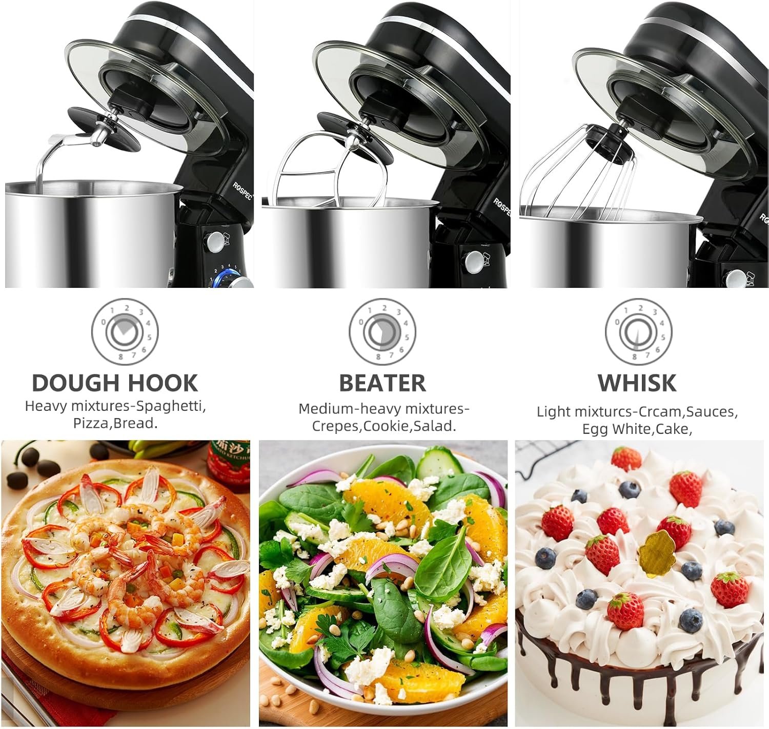 Stand Mixer,6.5-QT 660W 8-Speed Tilt-Head Food Mixer, Kitchen Electric Mixer with Dough Hook, Wire Whip & Beater (Black) - Image 6