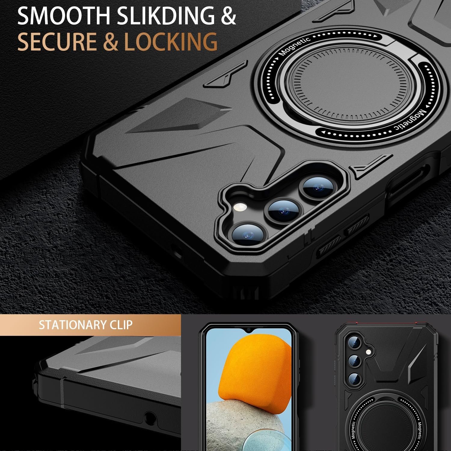 for Samsung Galaxy A14 Case with Screen Protector - Enhanced Magnetic Kickstand - Car Mount Compatible, Military-Grade Shockproof Phone Case for Men, Women, and Girls - Black - Image 8