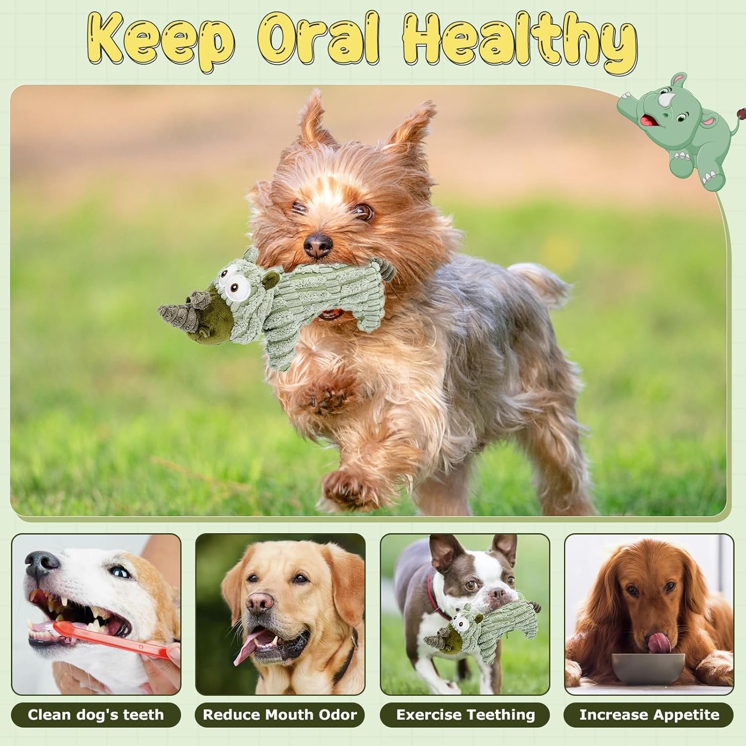 Squeaky Dog Toys for Small Dogs, Cute Plush Dog Toys with Crinkle Paper, Interactive Dog Chew Toys for Puppy, Small, Middle Dogs (Rhinoceros) - Image 7