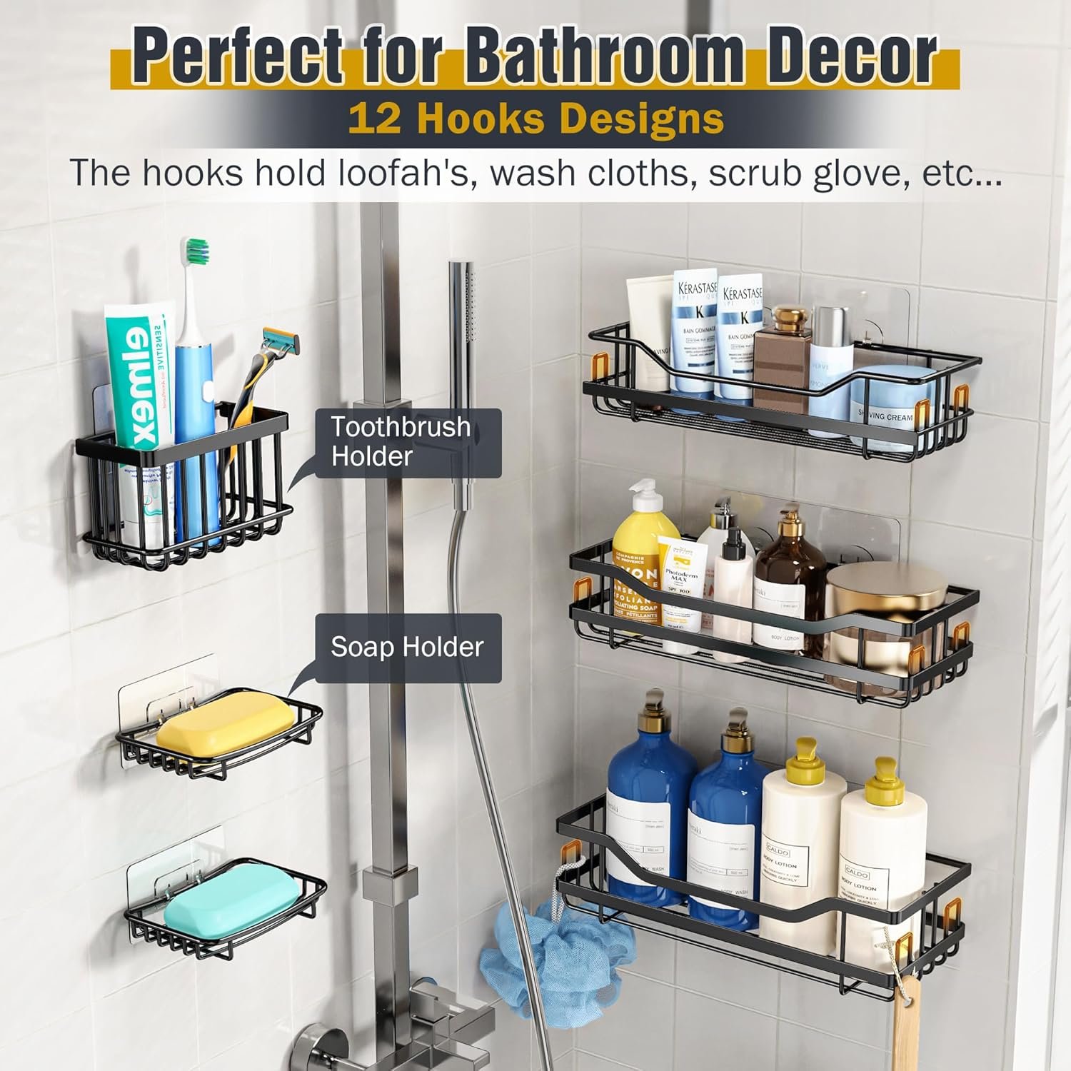 OMAIRA 6-Pack Shower Caddy Organizer Shelves Rack, Stainless Steel Adhesive Bathroom Organizers and Storage Organization Set Home Kitchen Wall Decor, No Drill & Large Capacity & Heavy Duty, Black - Image 4