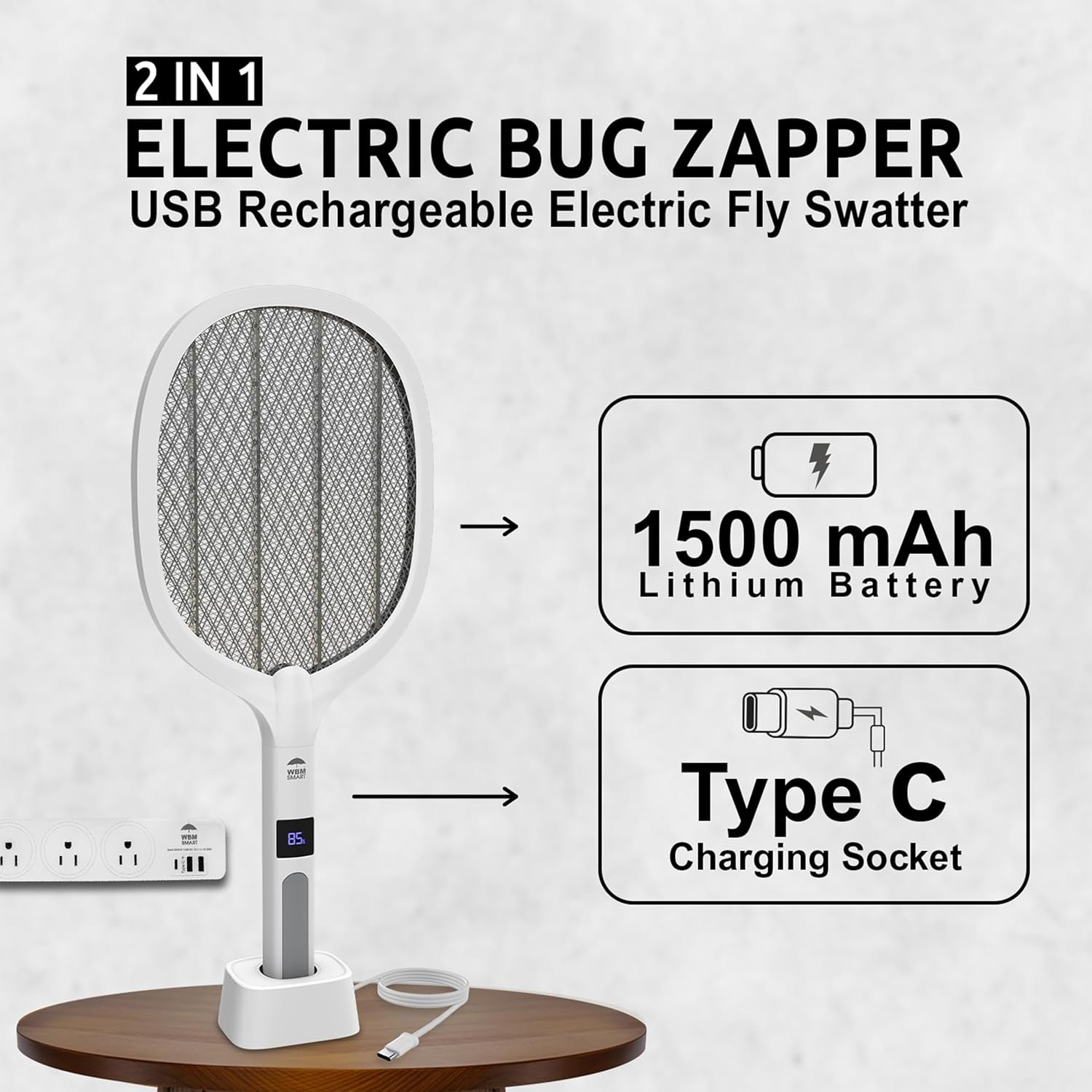 2 in 1 Electric Bug Zapper, Mosquitoes Trap Lamp & Racket, USB Rechargeable Electric Fly Swatter for Home and Outdoor Powerful Grid 3-Layer Safety Mesh Safe to Touch - Image 7