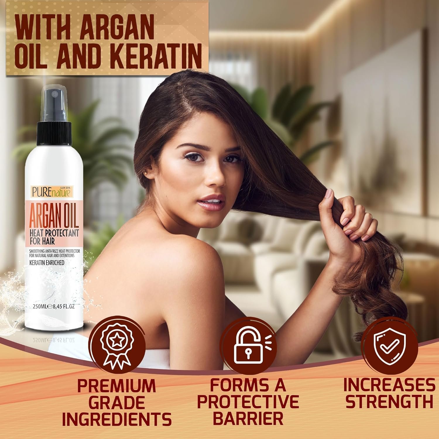 Moroccan Argan Oil Heat Protectant Spray for Hair - Leave In Thermal Guard against Flat Iron, Straightener and Blow Dry Damage - Hydrating Anti Frizz Control for Straight, Black and Curly Locks - Image 4