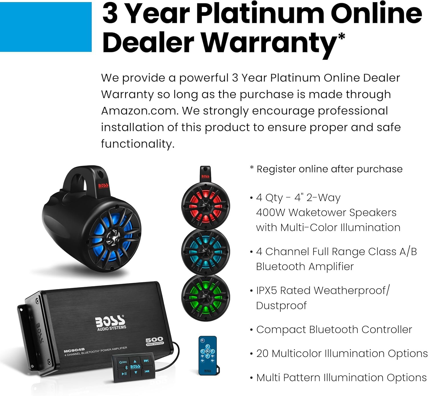 Boss Audio Systems UNI4RGB ATV UTV Marine Audio Stereo System Package – BPS4B 4 Channel Full Range Bluetooth Amplifier, 4 MRWT40 4 Inch Waketower Speakers, IPX5 Rated Weatherproof, Tweeters - Image 5