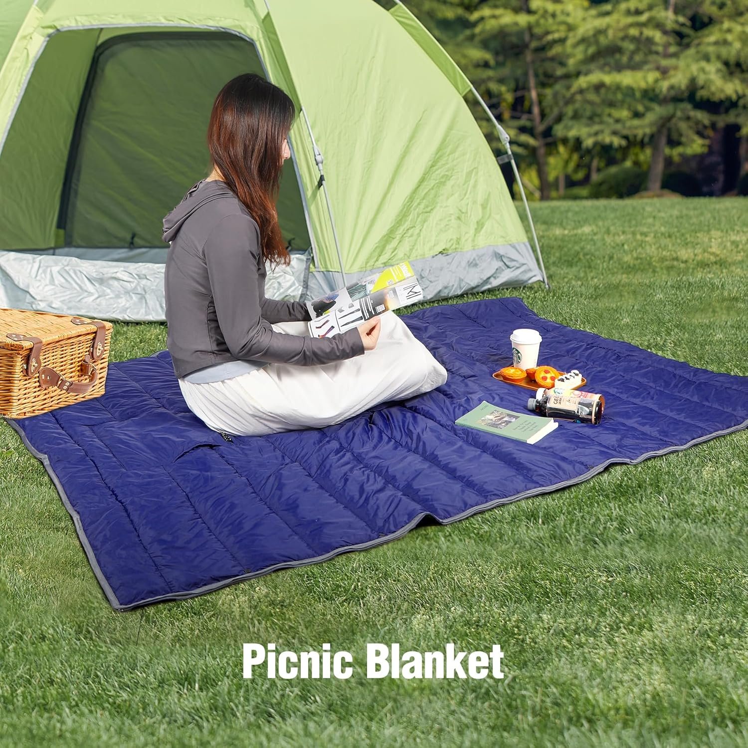 Camp Poncho Sleeping Bag, Wearable Hooded Stadium Blanket Sack Cold Weather for Adult, Blue - Image 6