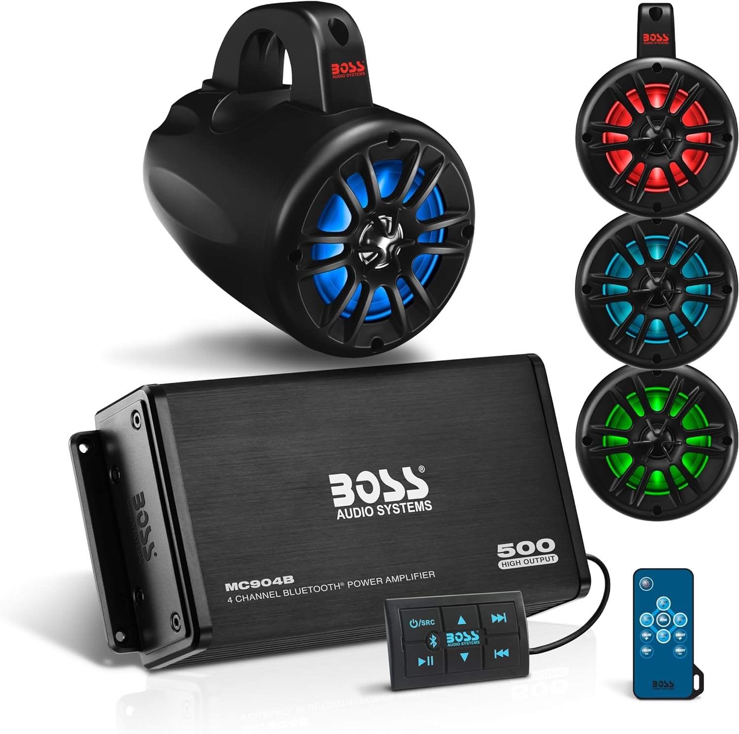 Boss Audio Systems UNI4RGB ATV UTV Marine Audio Stereo System Package – BPS4B 4 Channel Full Range Bluetooth Amplifier, 4 MRWT40 4 Inch Waketower Speakers, IPX5 Rated Weatherproof, Tweeters - Image 2