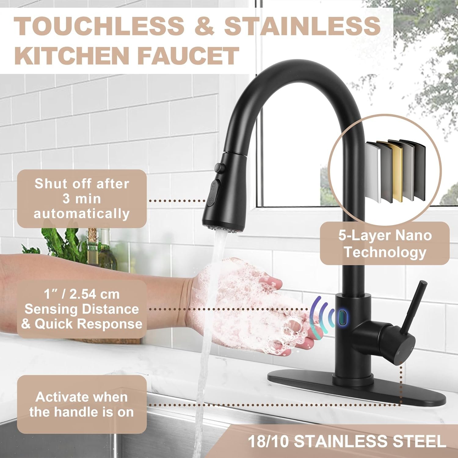 Touchless Kitchen Sink Faucet with Pull Down Sprayer, Herogo Matte Black Stainless Steel Motion Sensor Faucet with Soap Dispenser, Single Handle Smart Activated Kitchen Faucet for Farmhouse RV Sink - Image 5