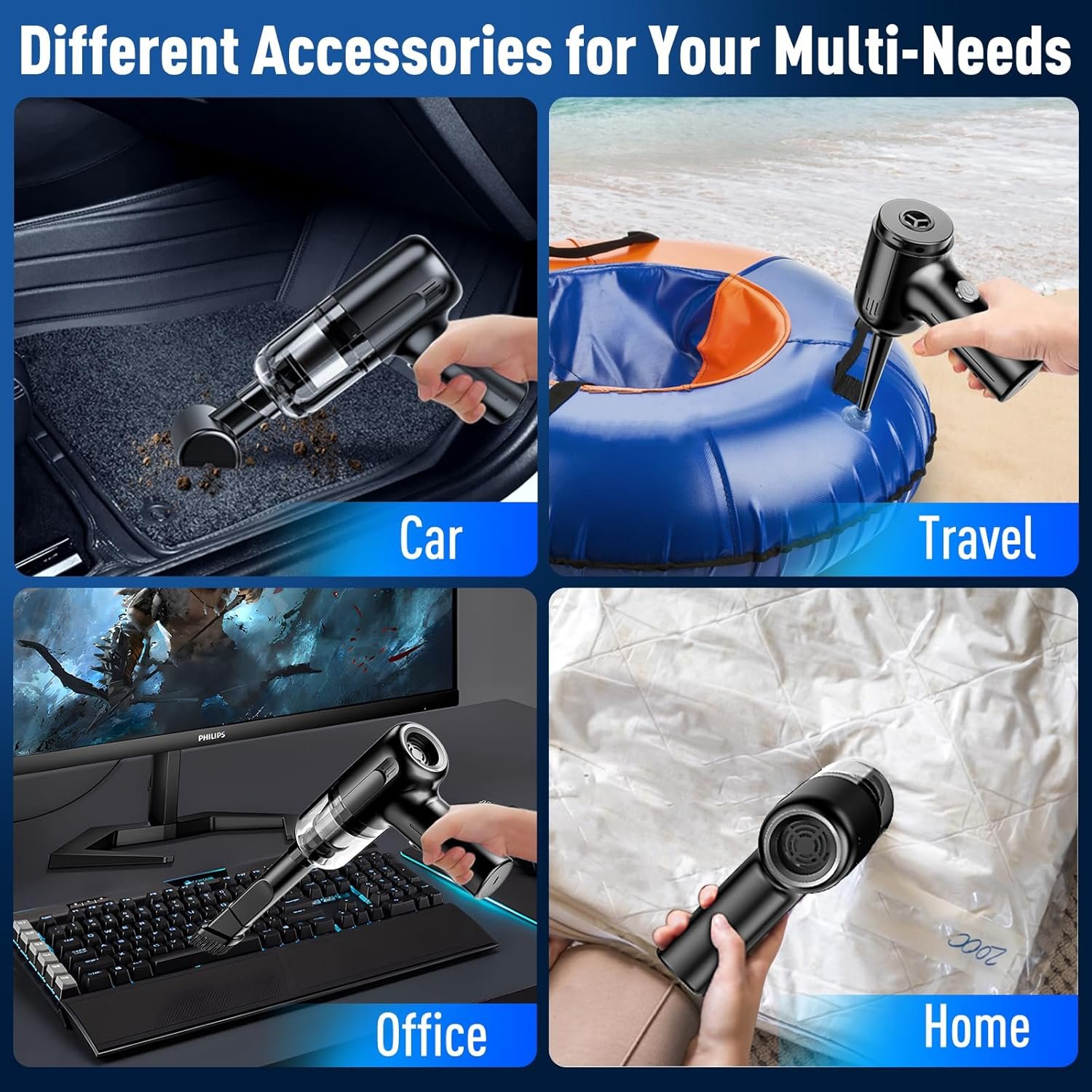 Mini Vacuum Cleaner, Portable Vacuum for Car, Handheld Vacuum Cordless Rechargeable with Brushless Motor, 12000Pa High Power 3 in 1 Sucking & Blowing Small Desk Vacuum for Car, Home, Office - Image 3