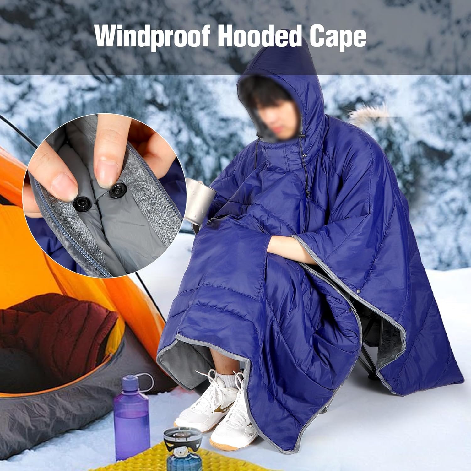 Camp Poncho Sleeping Bag, Wearable Hooded Stadium Blanket Sack Cold Weather for Adult, Blue - Image 5
