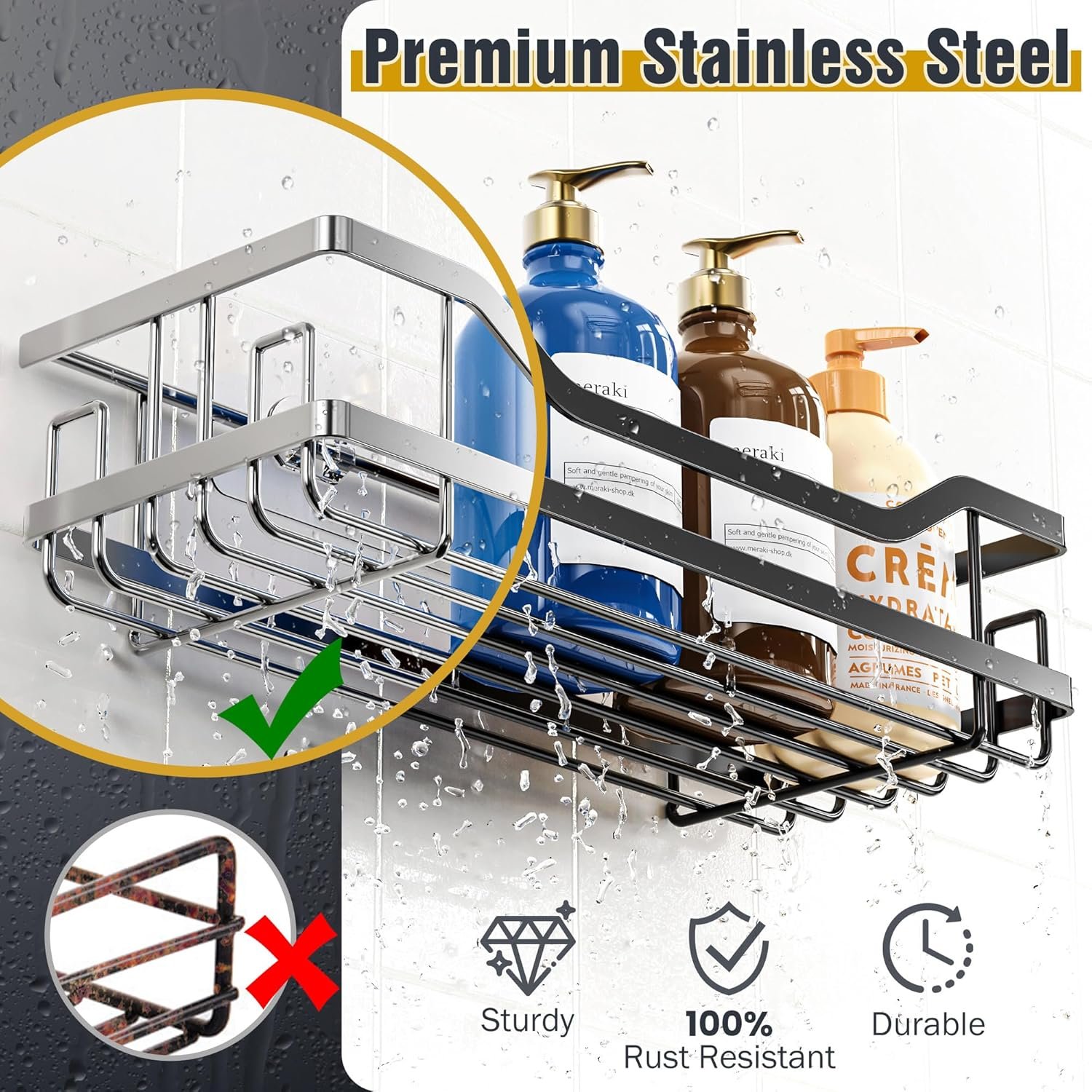 OMAIRA 6-Pack Shower Caddy Organizer Shelves Rack, Stainless Steel Adhesive Bathroom Organizers and Storage Organization Set Home Kitchen Wall Decor, No Drill & Large Capacity & Heavy Duty, Black - Image 5