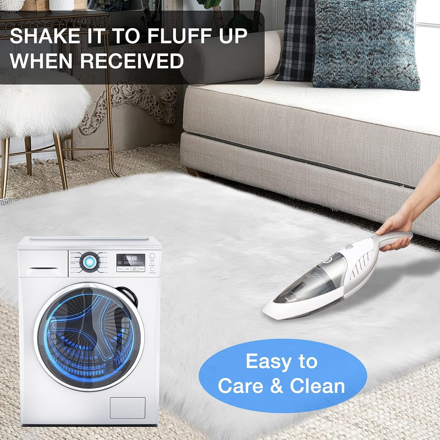 duduta White Rectangle Faux Fur Rug 3x5 ft, Fluffy Sheepskin Carpet Rug Washable for Bedroom Nursery Living Room - Image 7